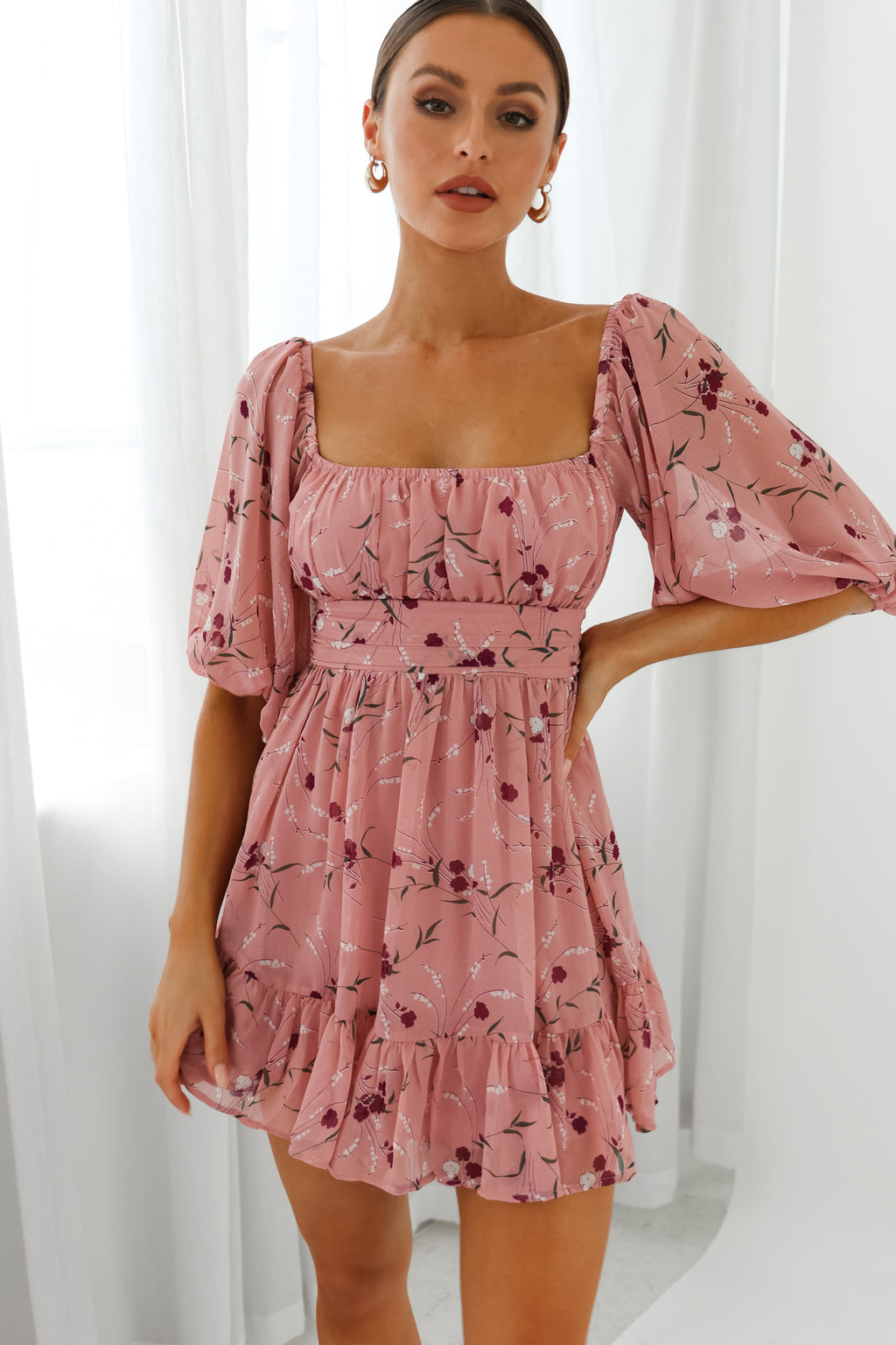 Abby Off-Shoulder Tie-Up Back Dress Floral Print Rose by Selfie Leslie