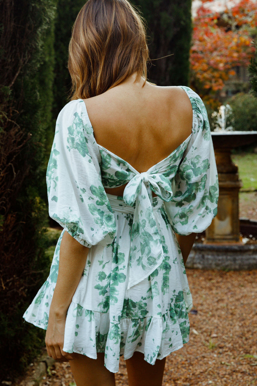 Abby Off-Shoulder Tie-Up Back Dress Watercolor Floral Print White/Olive by Selfie Leslie