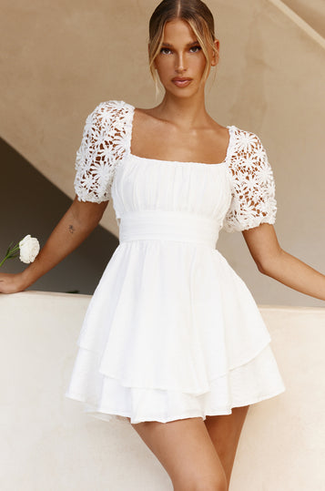 Shop the Abby Lace Puff Sleeve Tie-Up Back Dress White | Selfie Leslie