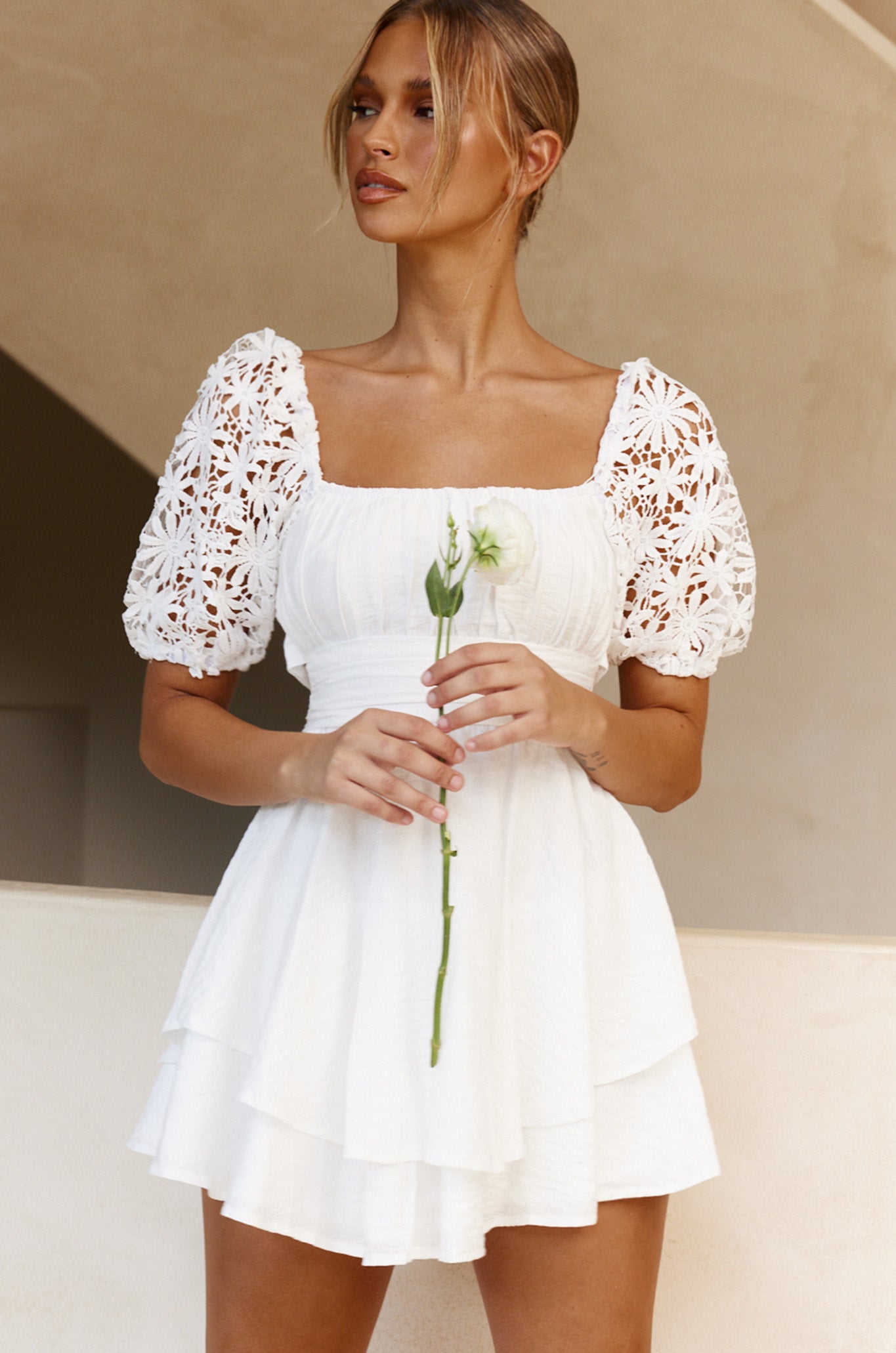 abby off-shoulder tie-up back dress white Abby Off-Shoulder Tie-Up Back Dress Watercolor Floral Print White/Olive