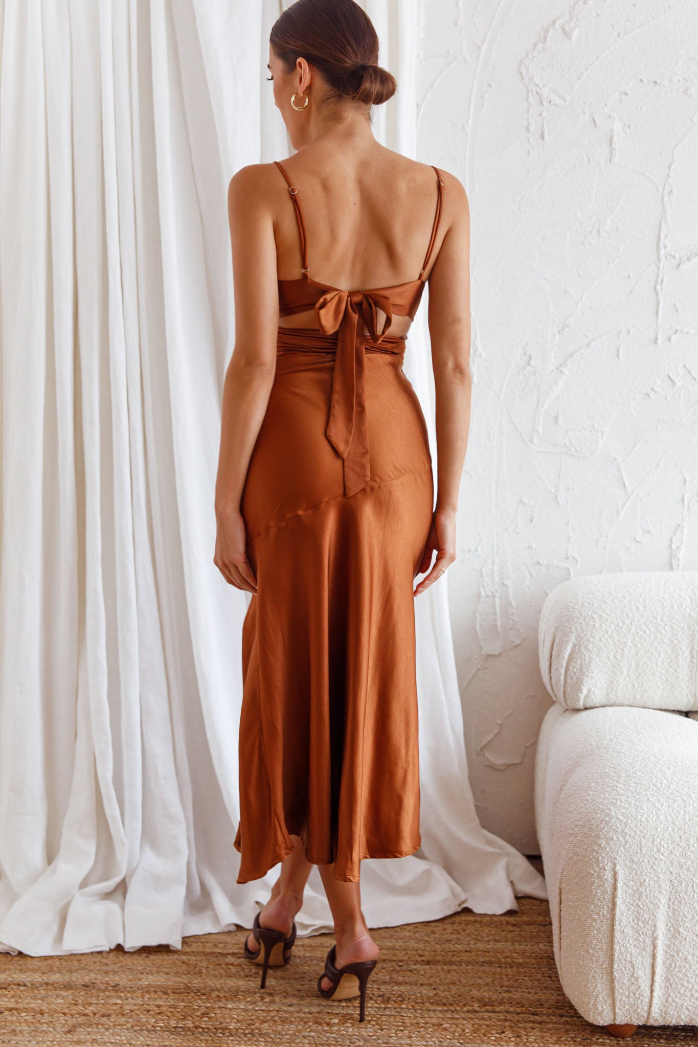 Abby Cami Strap Gathered Bust Front Split Midi Dress Chocolate by Selfie Leslie