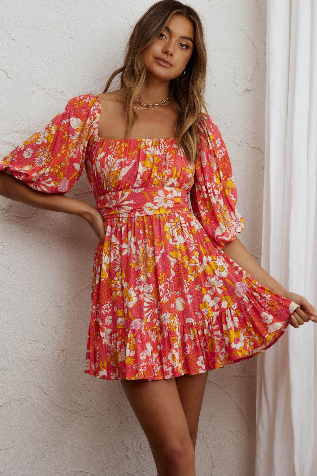 Abby Off-Shoulder Tie-Up Back Dress Retro Floral Orange by Selfie Leslie