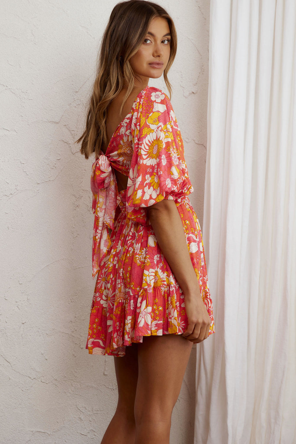 Abby Off-Shoulder Tie-Up Back Dress Retro Floral Orange by Selfie Leslie