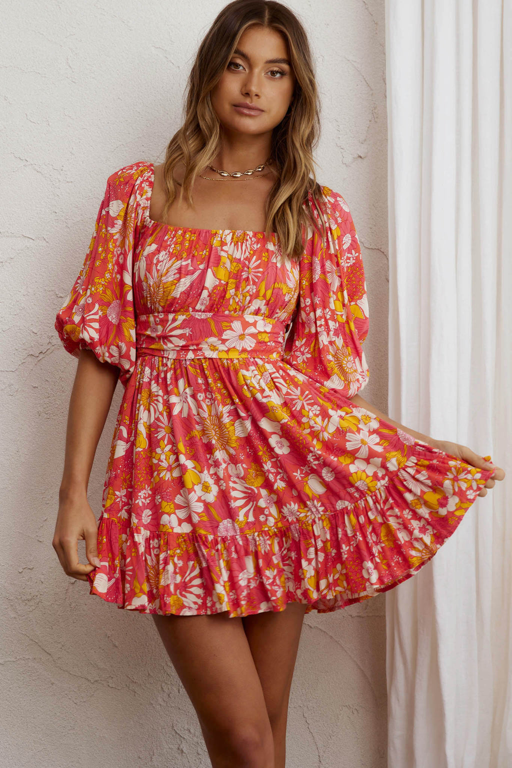 Abby Off-Shoulder Tie-Up Back Dress Retro Floral Orange by Selfie Leslie