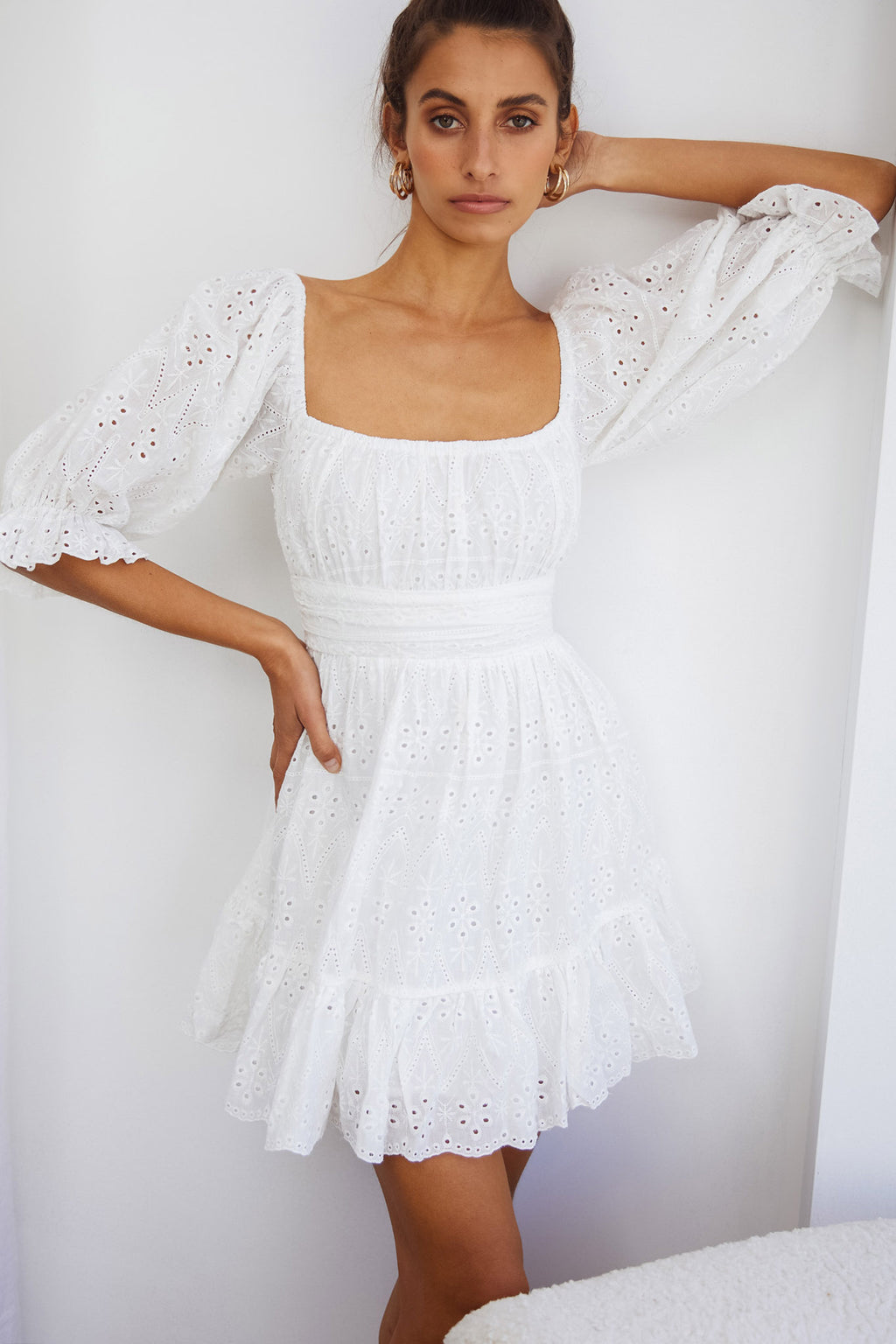 Abby Off-Shoulder Tie-Up Back Dress Eyelet Embroidery Dress White by Selfie Leslie