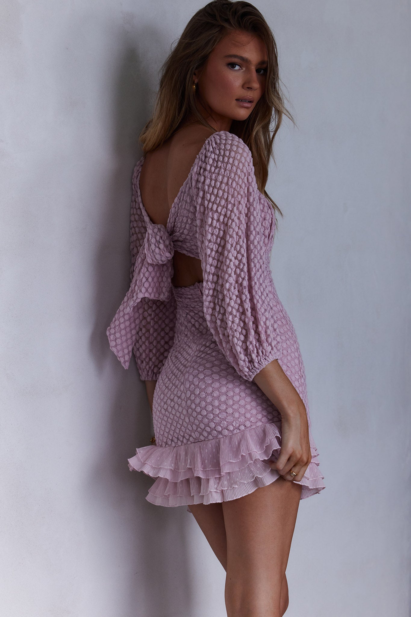 Abby Frill Hem Lace Dress Blush by Selfie Leslie