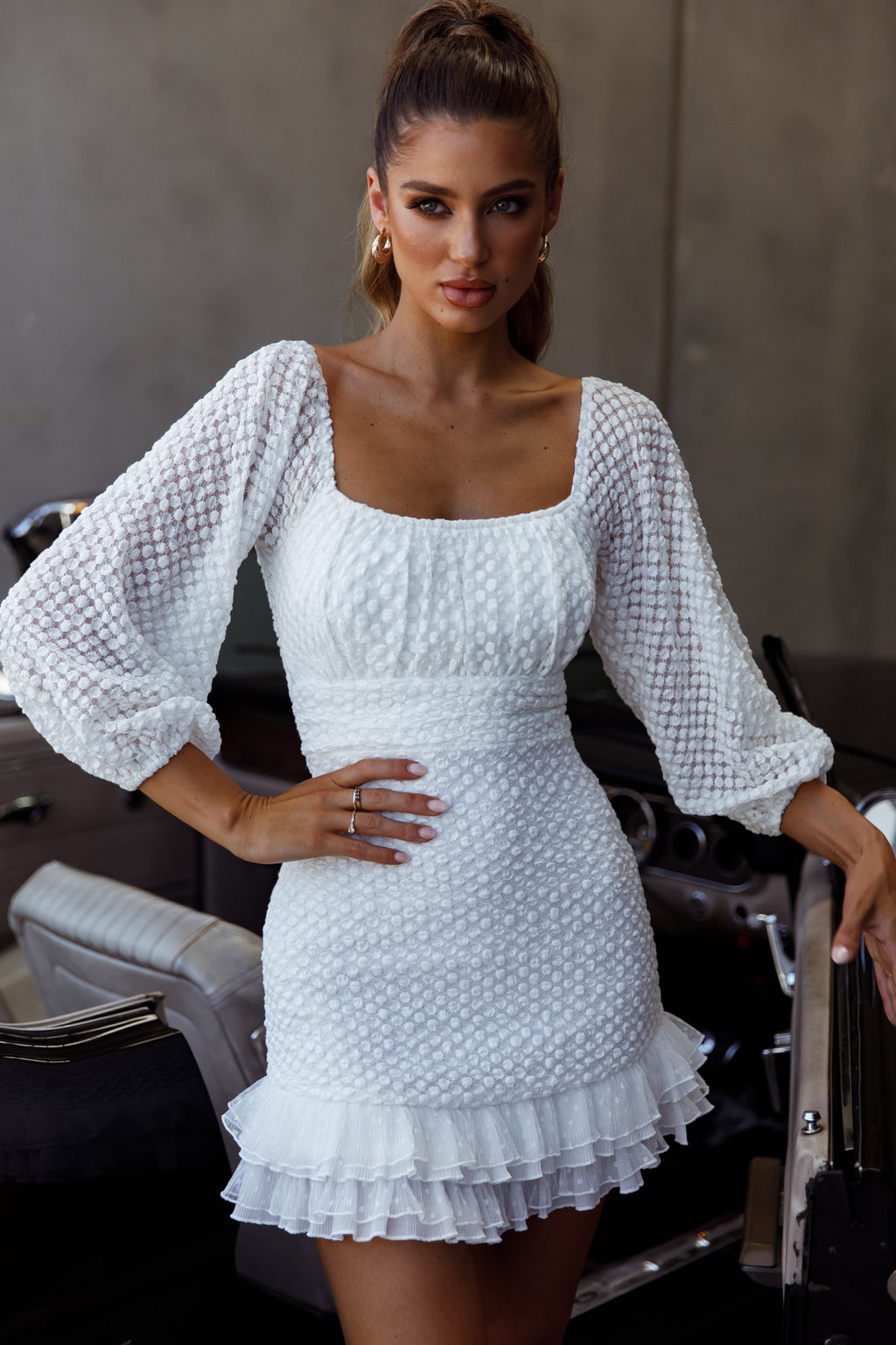 Abby Frill Hem Lace Dress White by Selfie Leslie