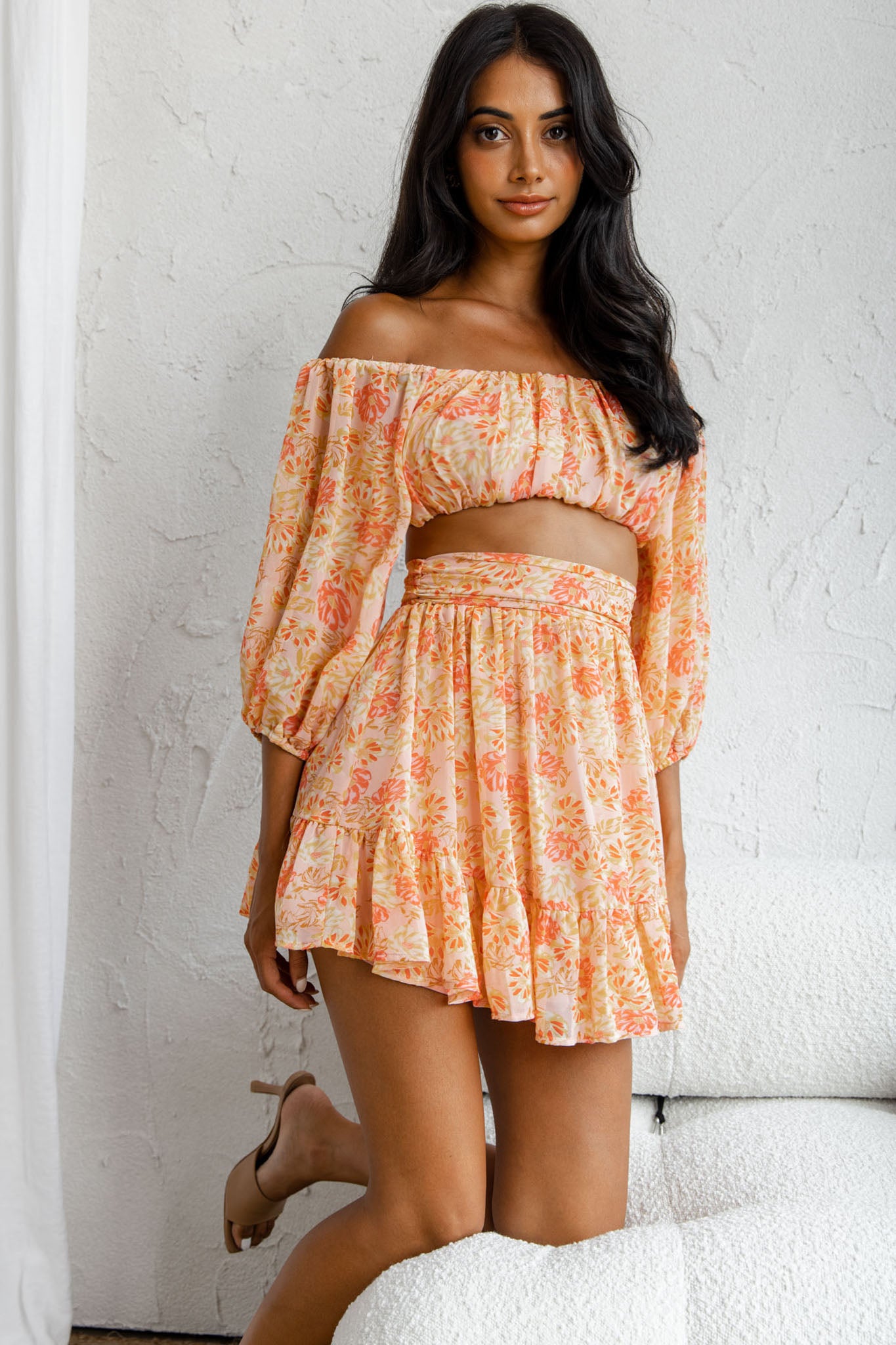 Abby Off-Shoulder Tie-Up Back Crop Top Floral Print Pink by Selfie Leslie