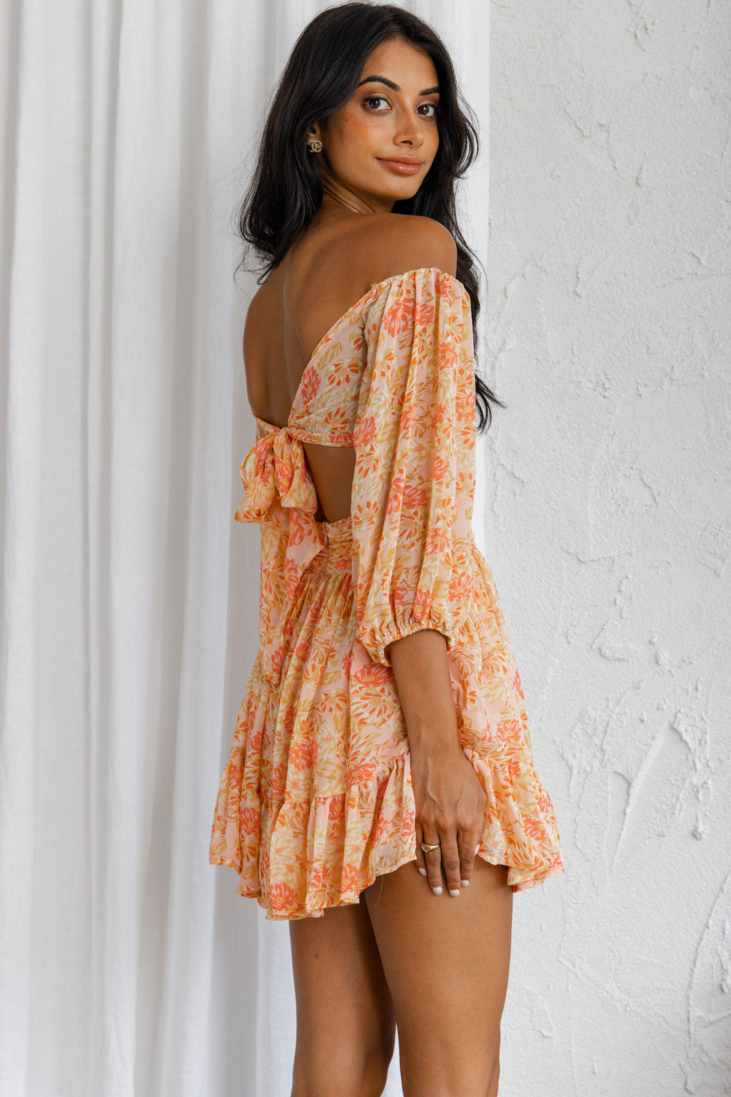Abby Off-Shoulder Tie-Up Back Crop Top Floral Print Pink by Selfie Leslie
