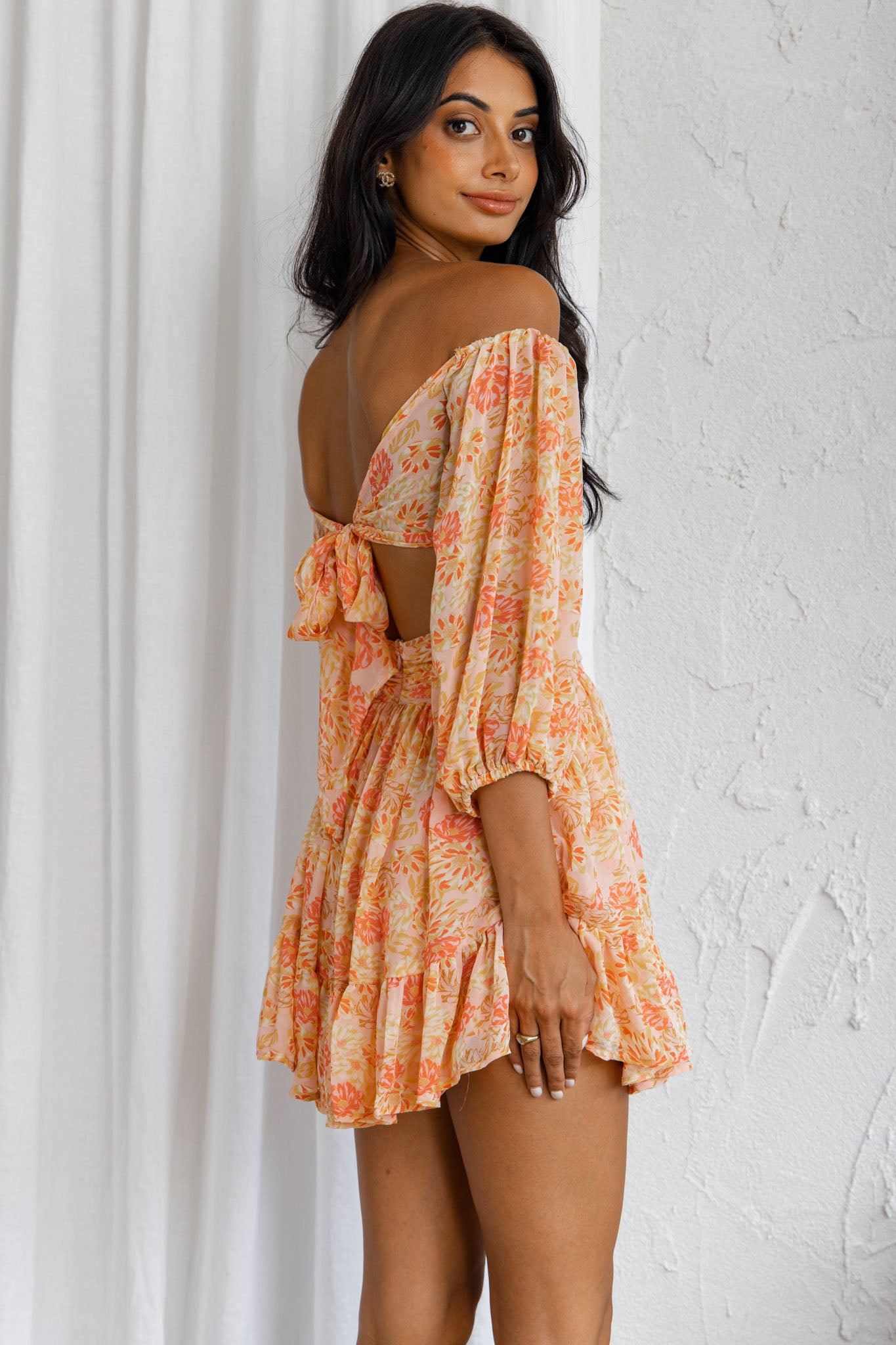 Abby Off-Shoulder Tie-Up Back Crop Top Floral Print Pink by Selfie Leslie