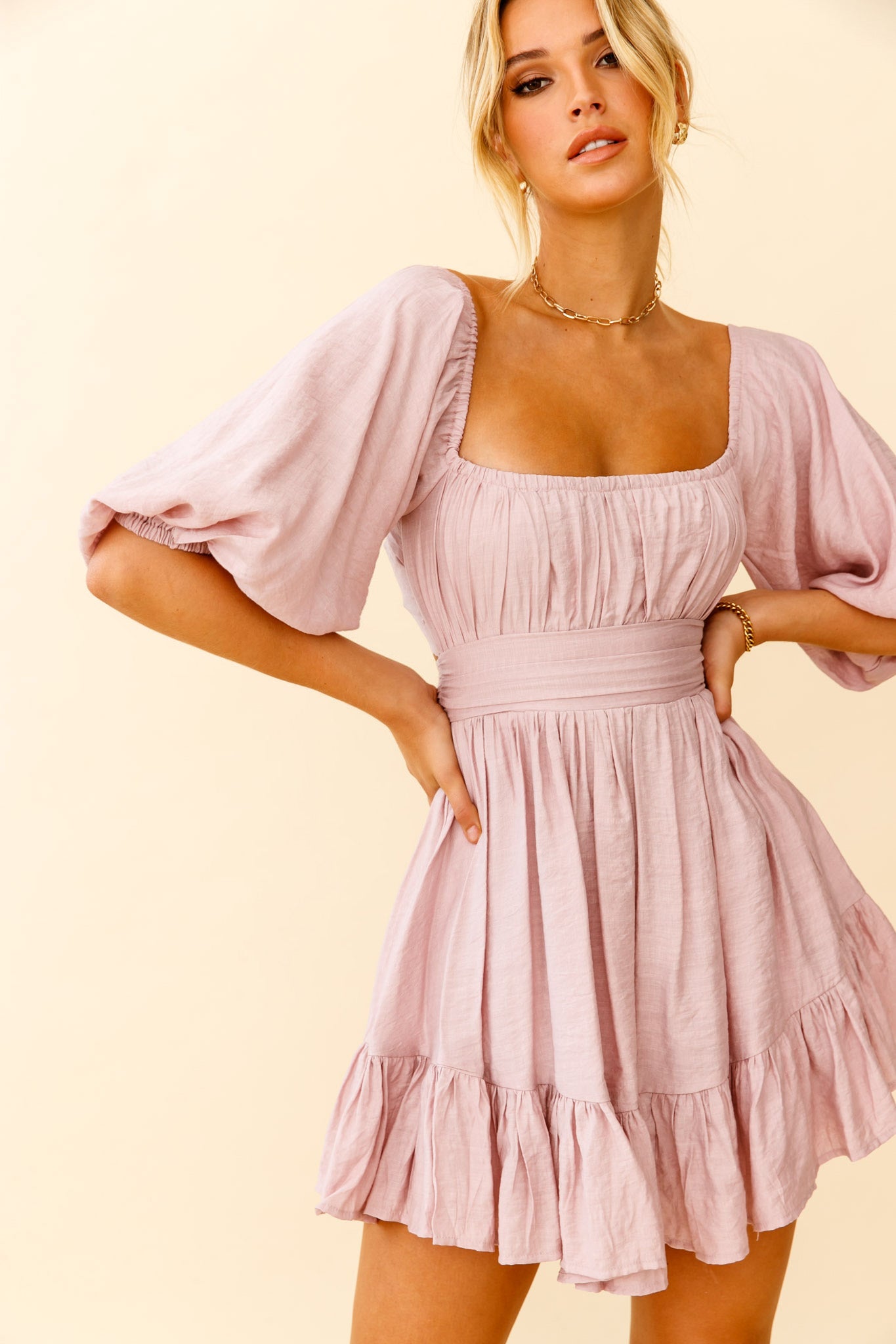 Abby Off-Shoulder Tie-Up Back Dress Blush by Selfie Leslie