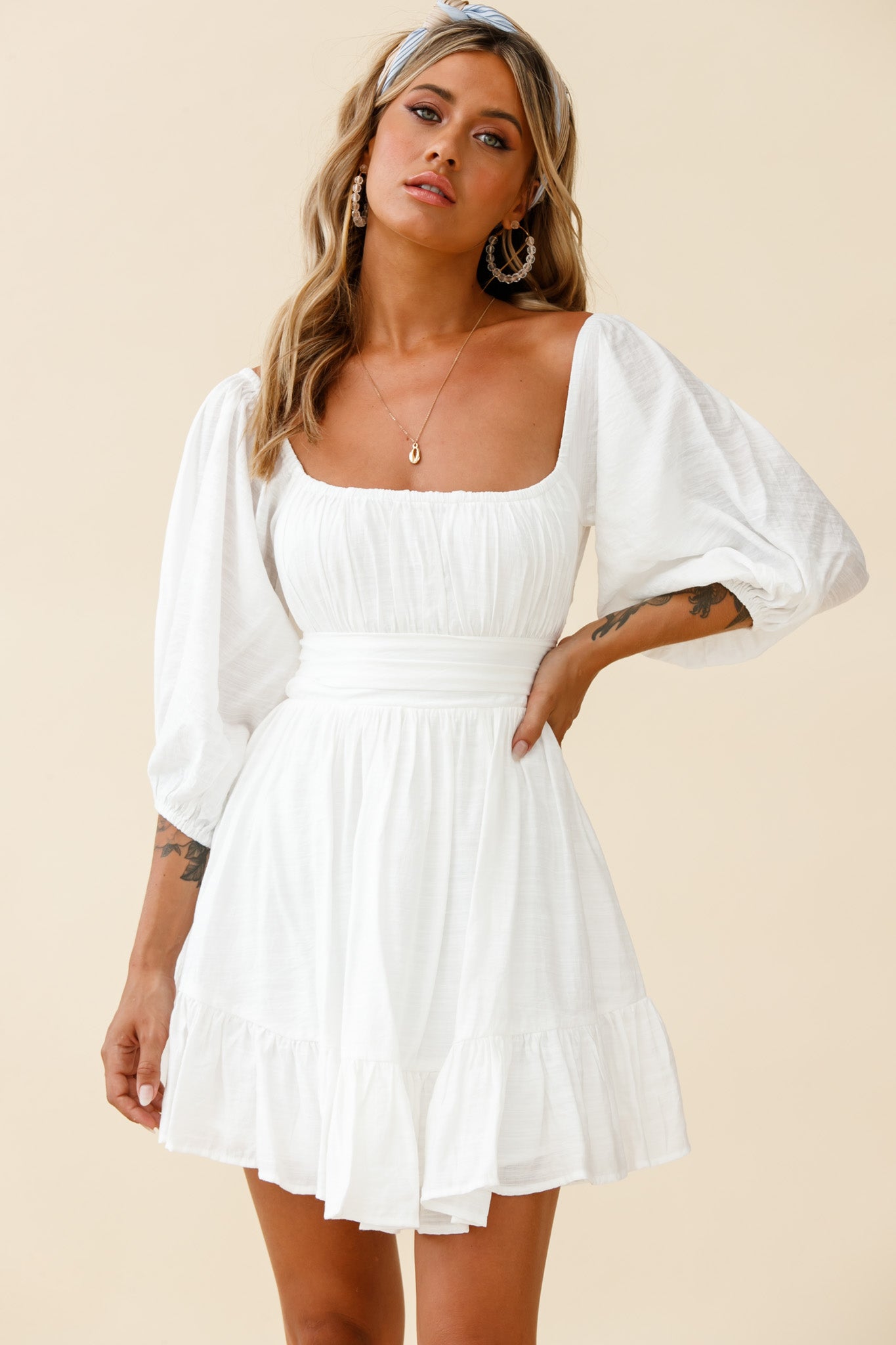 Abby Off-Shoulder Tie-Up Back Dress White by Selfie Leslie