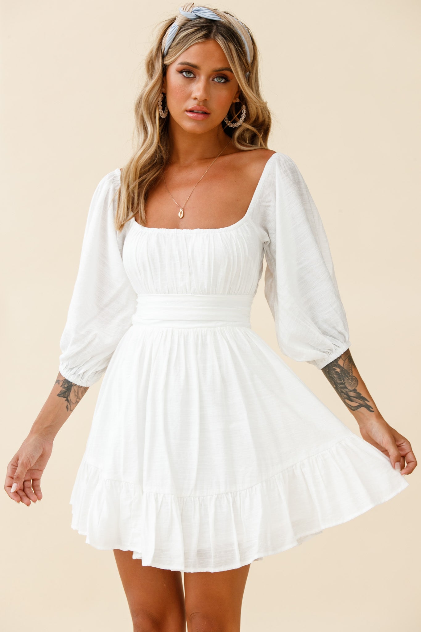 Abby Off-Shoulder Tie-Up Back Dress White | Selfie Leslie