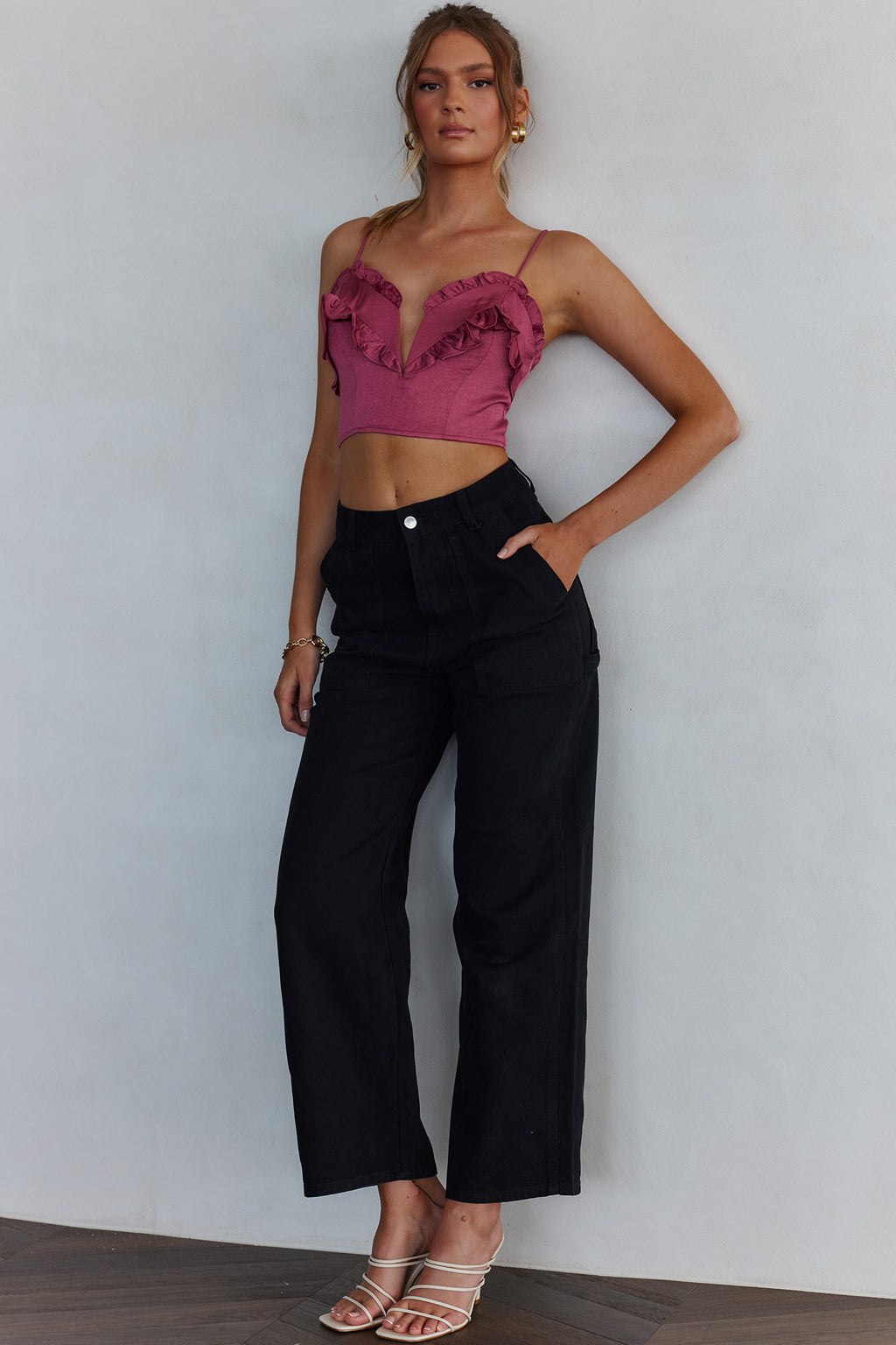 La Seine V-Neckline Frill Trim Crop Top Antique Rose by Selfie Leslie