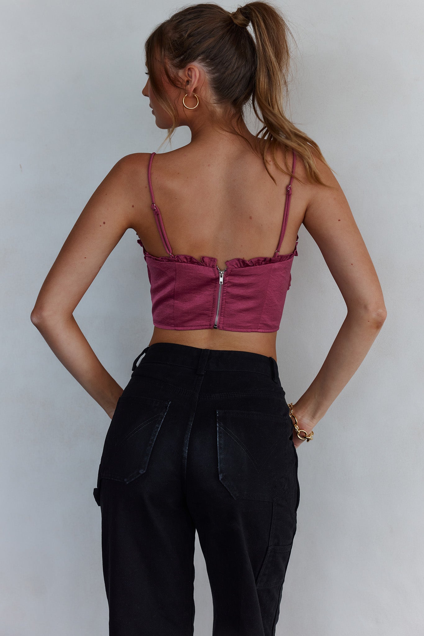 La Seine V-Neckline Frill Trim Crop Top Antique Rose by Selfie Leslie