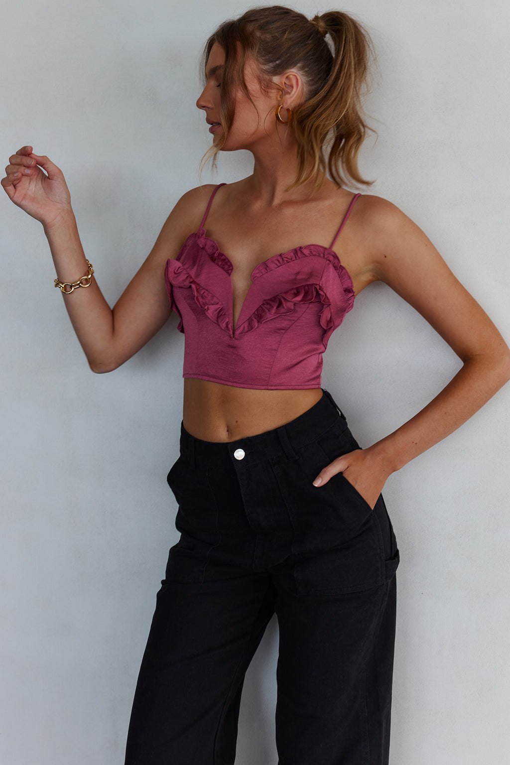 La Seine V-Neckline Frill Trim Crop Top Antique Rose by Selfie Leslie