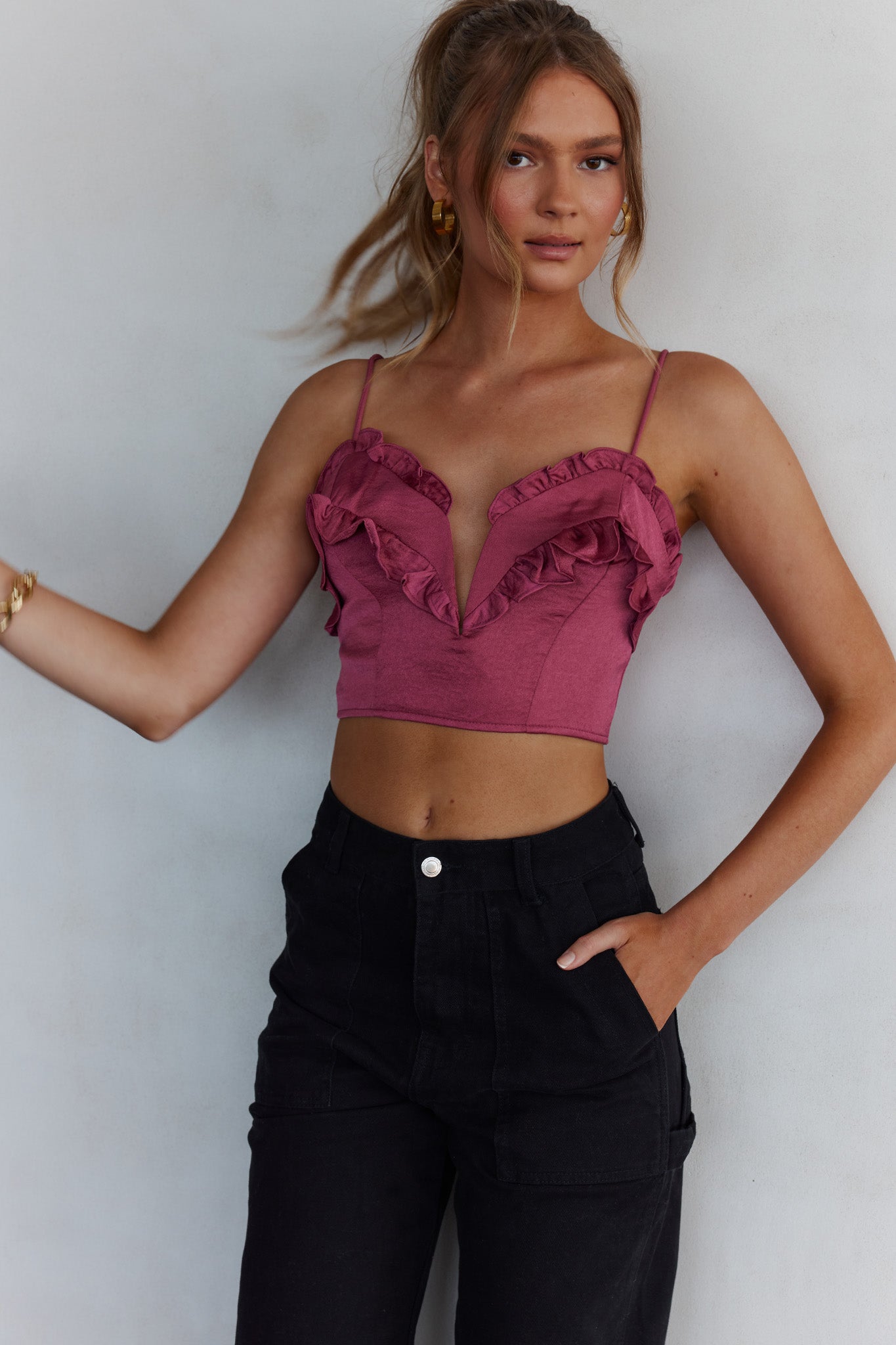 La Seine V-Neckline Frill Trim Crop Top Antique Rose by Selfie Leslie