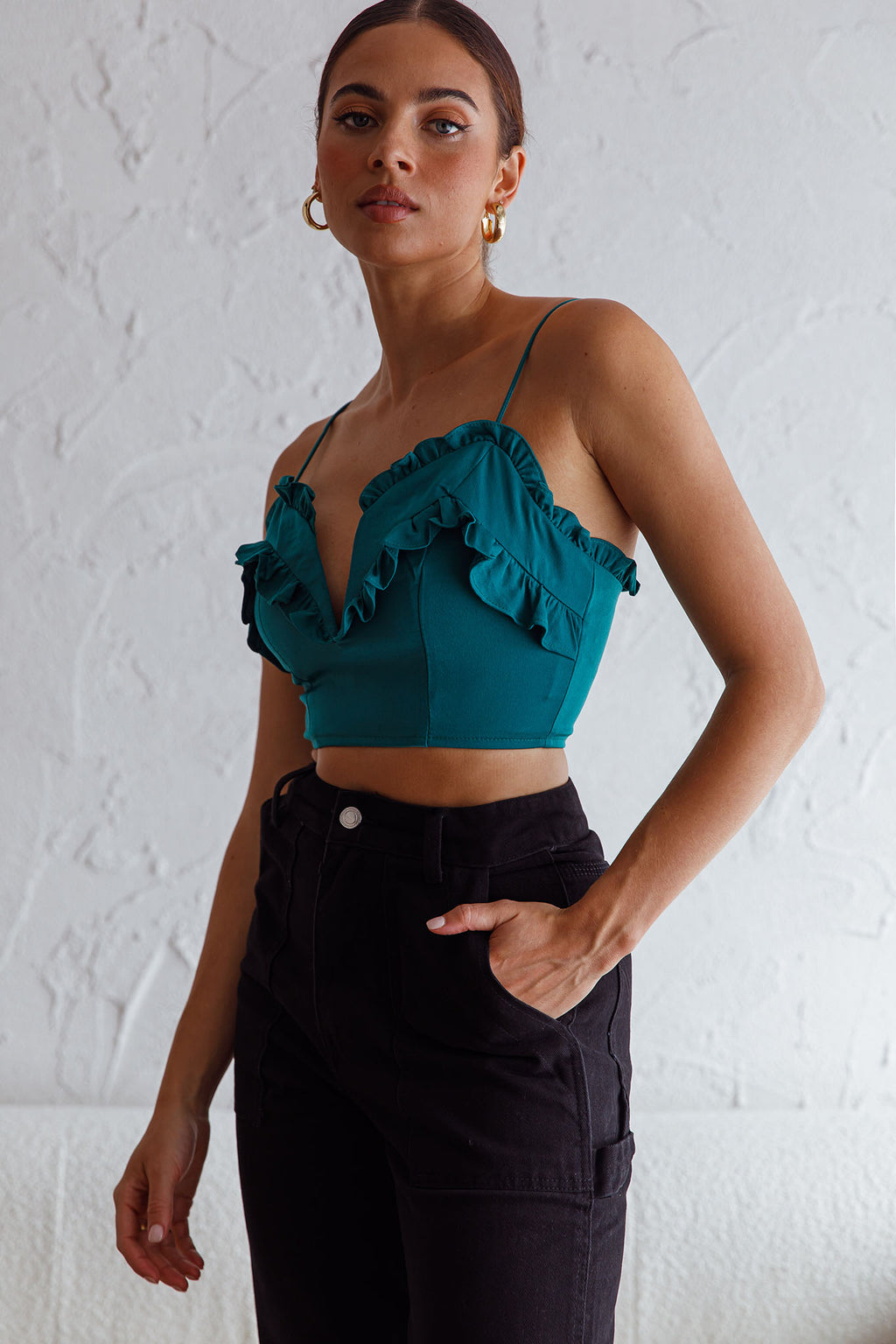 La Seine V-Neckline Frill Trim Crop Top Forest Green by Selfie Leslie