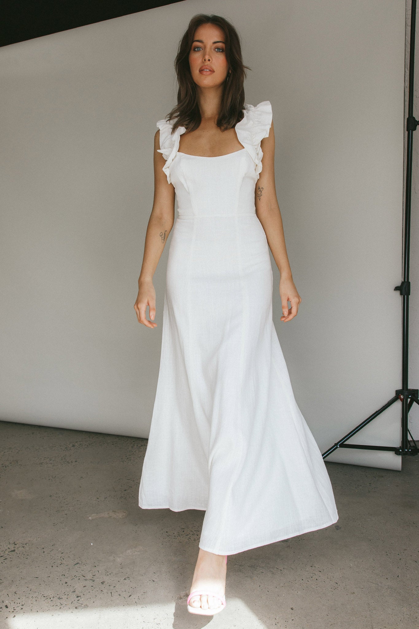 Bronte Ruffle Strap Midi Dress Cream by Selfie Leslie