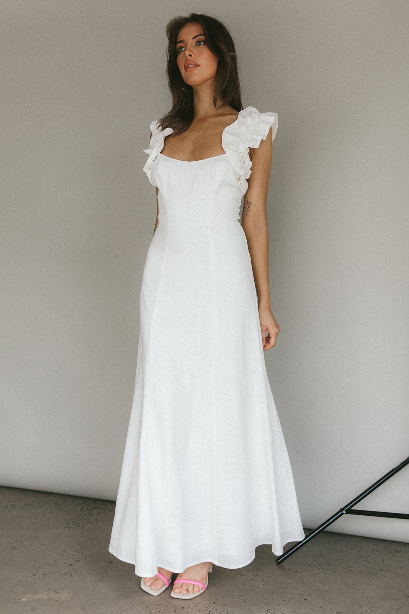 Bronte Ruffle Strap Midi Dress Cream by Selfie Leslie