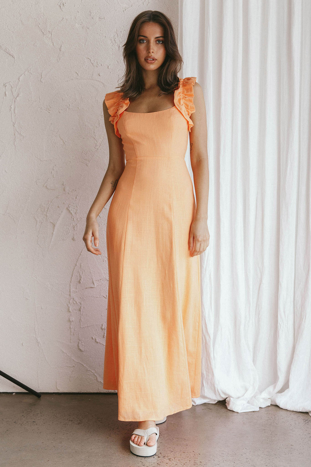 Bronte Ruffle Strap Midi Dress Papaya by Selfie Leslie