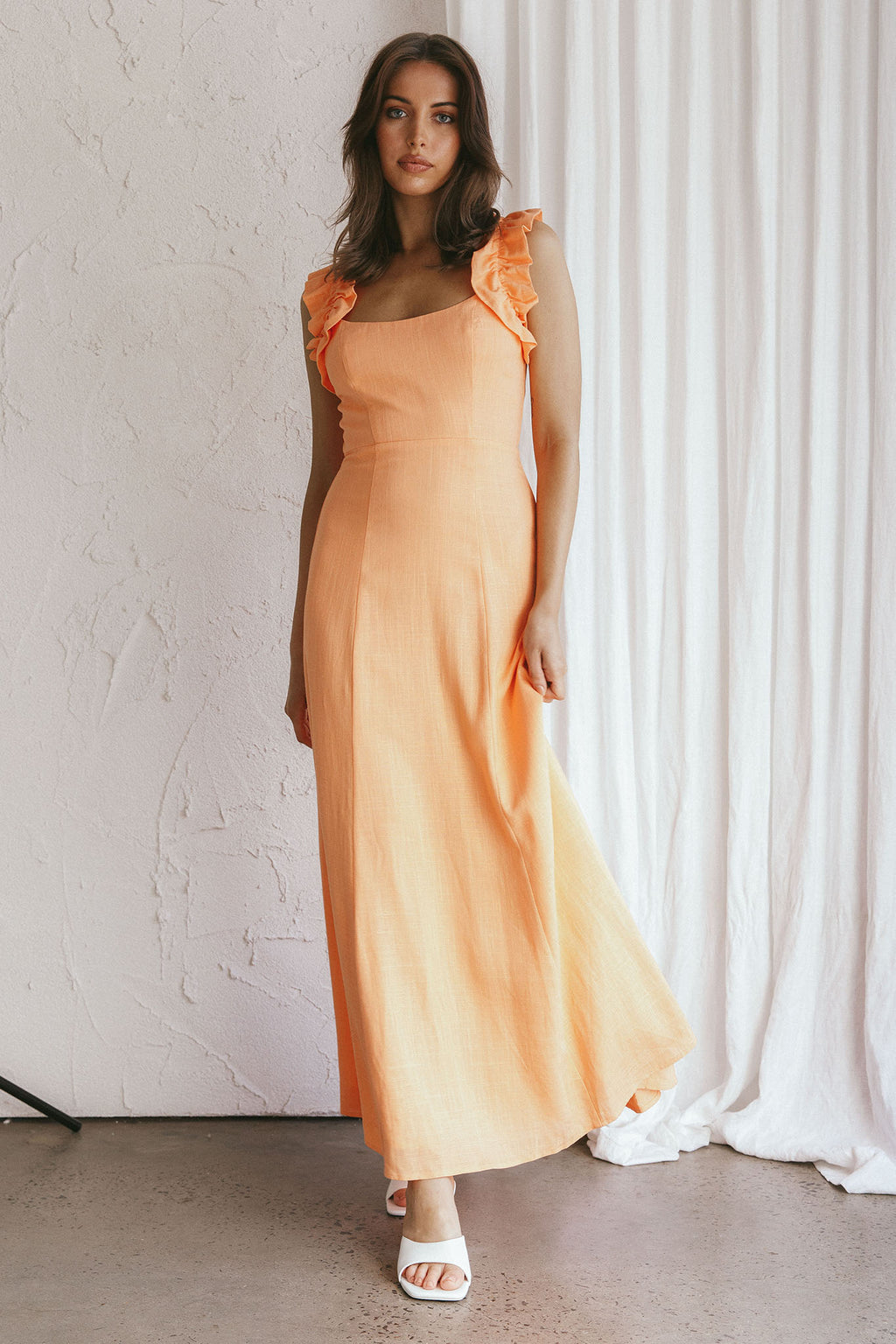 Bronte Ruffle Strap Midi Dress Papaya by Selfie Leslie