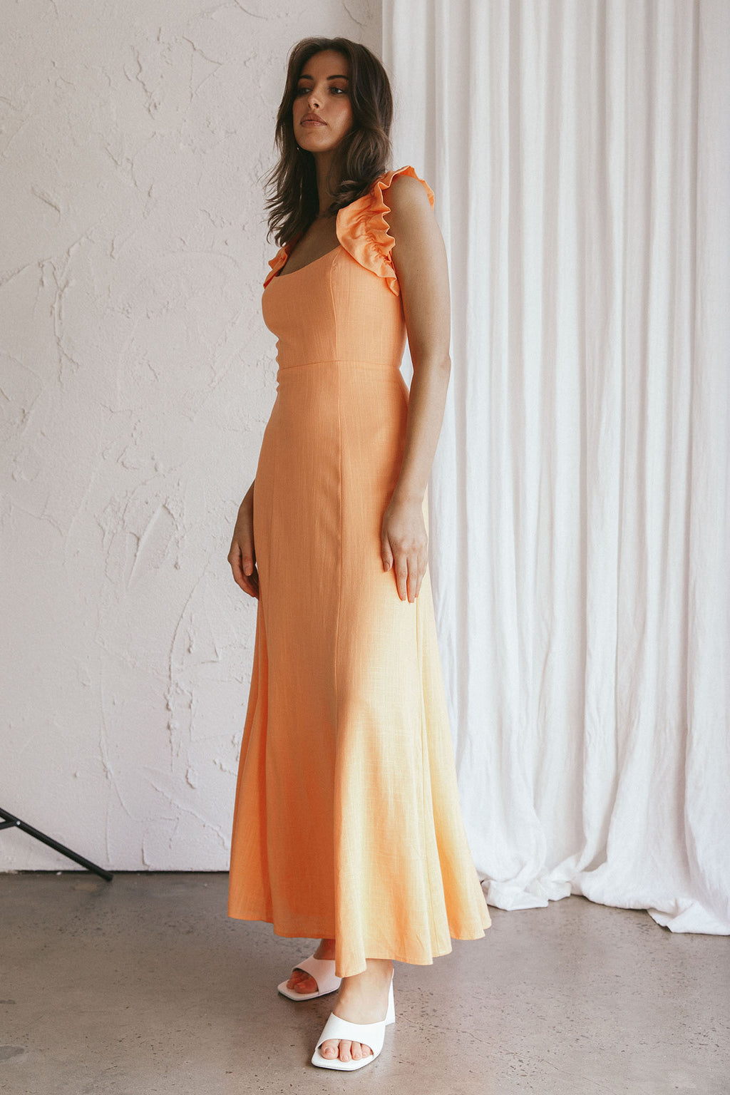 Bronte Ruffle Strap Midi Dress Papaya by Selfie Leslie