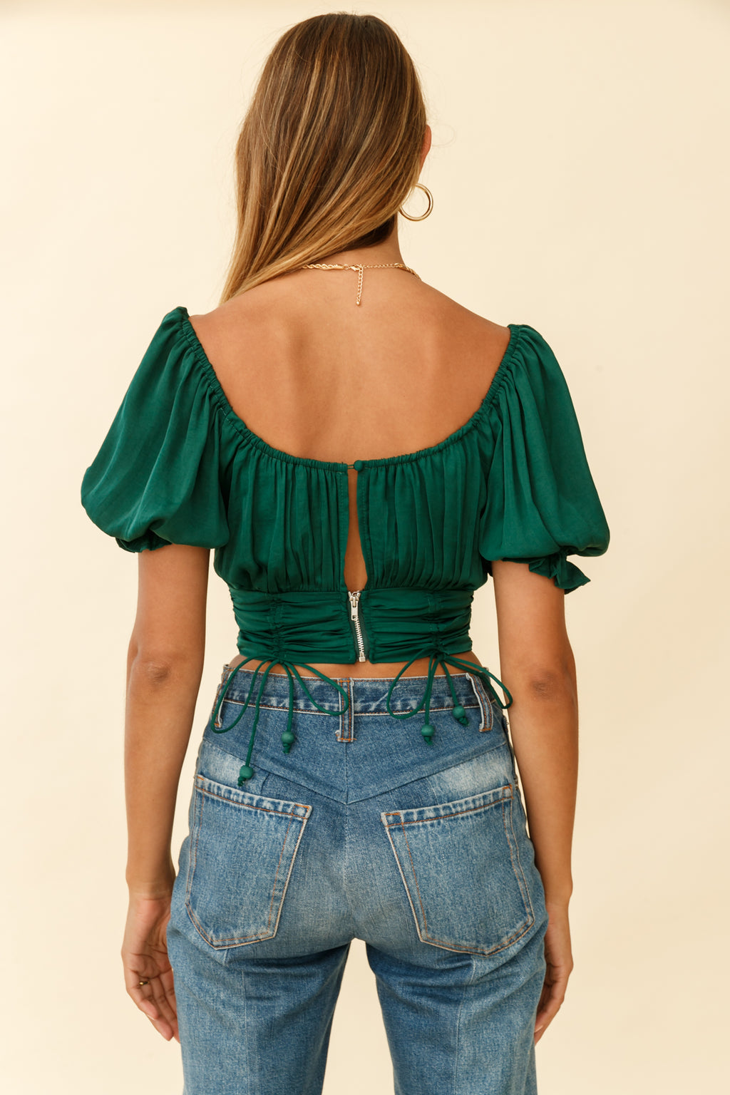 Bright Side Puff Sleeve Ruched Crop Top Forest Green by Selfie Leslie