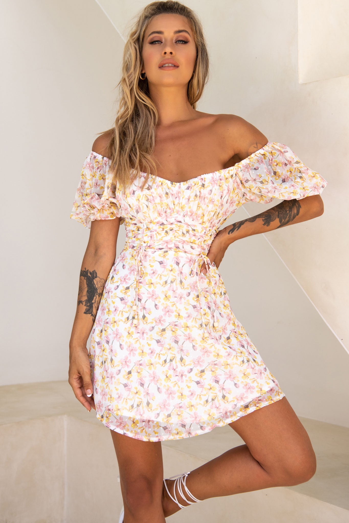 Bright Side Off-Shoulder Puff Sleeve Dress Floral Print Pink/Yellow by Selfie Leslie
