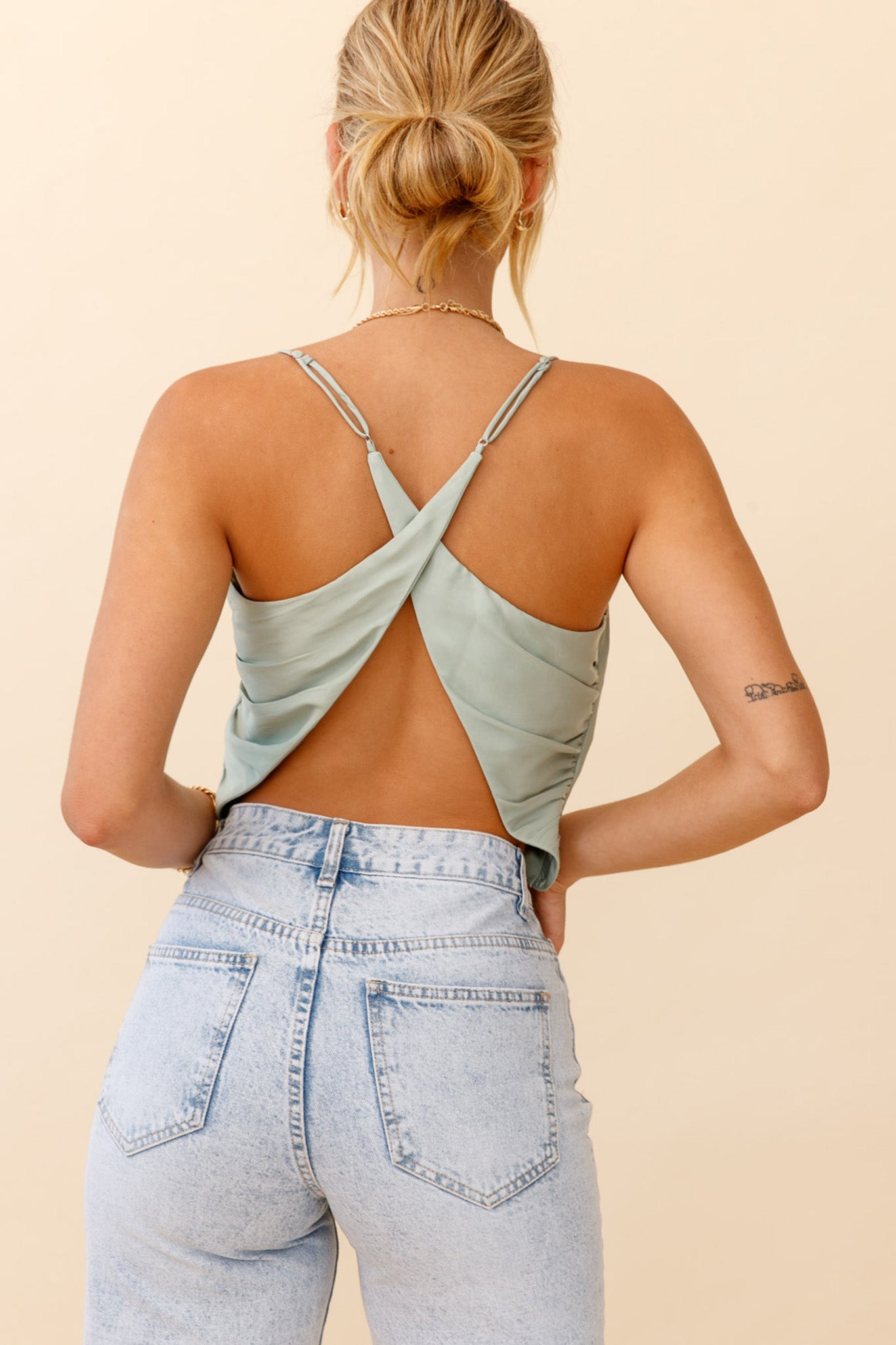 Miss Independent Cowl Neck Crossover Back Top Pistachio by Selfie Leslie