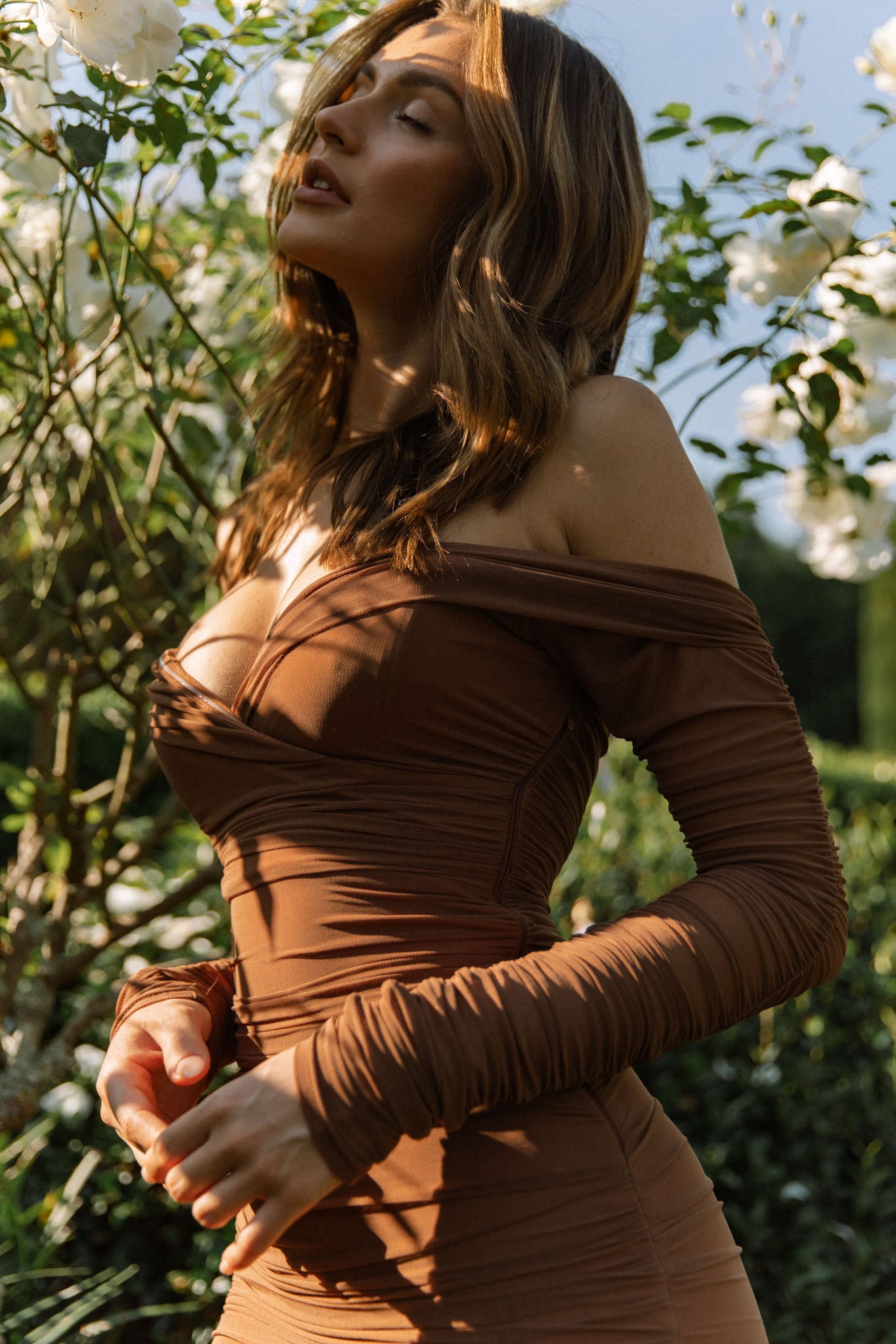 Moonrise Off-Shoulder Long Sleeve Ruched Dress Brown by Selfie Leslie