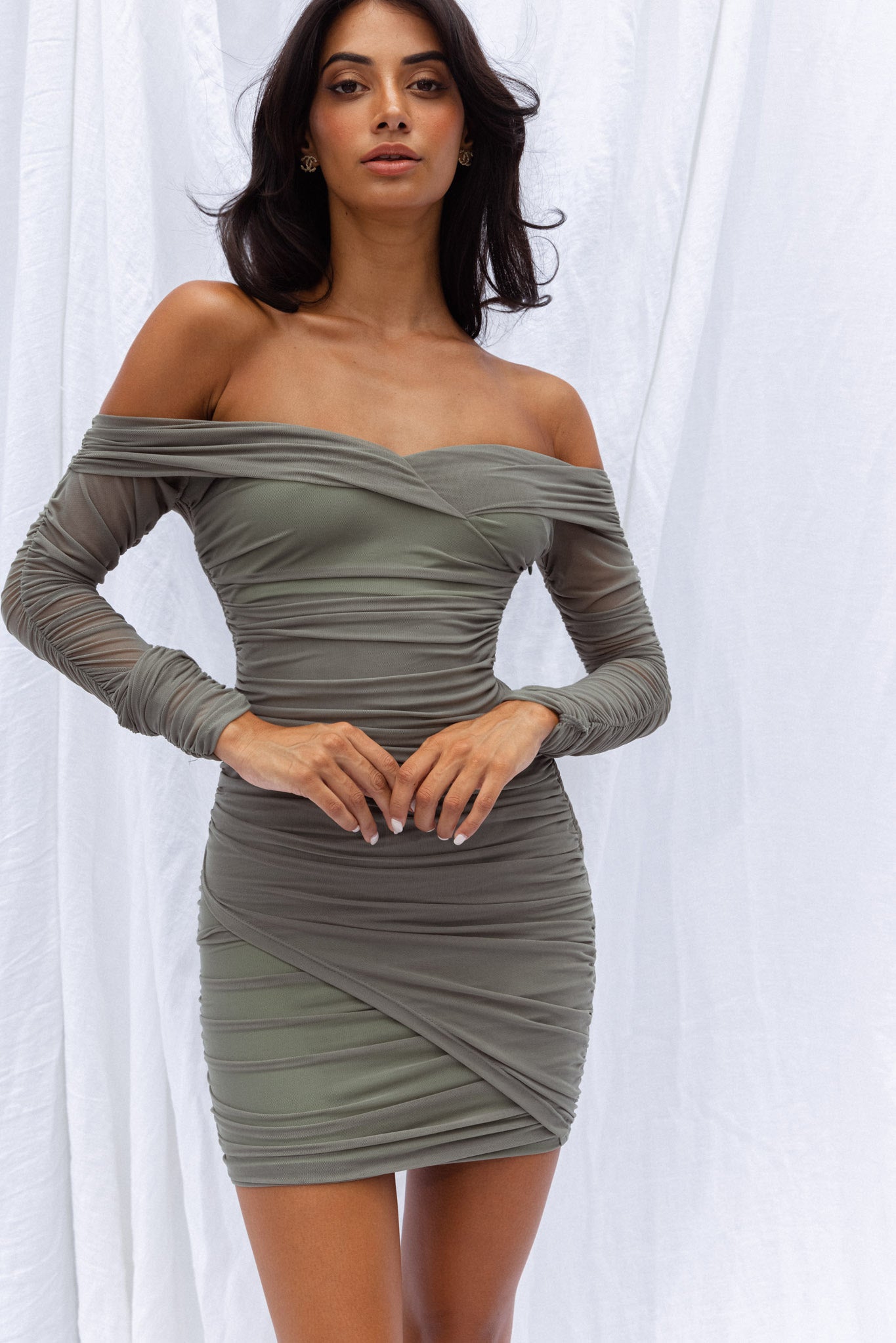 Moonrise Off-Shoulder Crossover Neckline Long Sleeve Ruched Dress Olive by Selfie Leslie