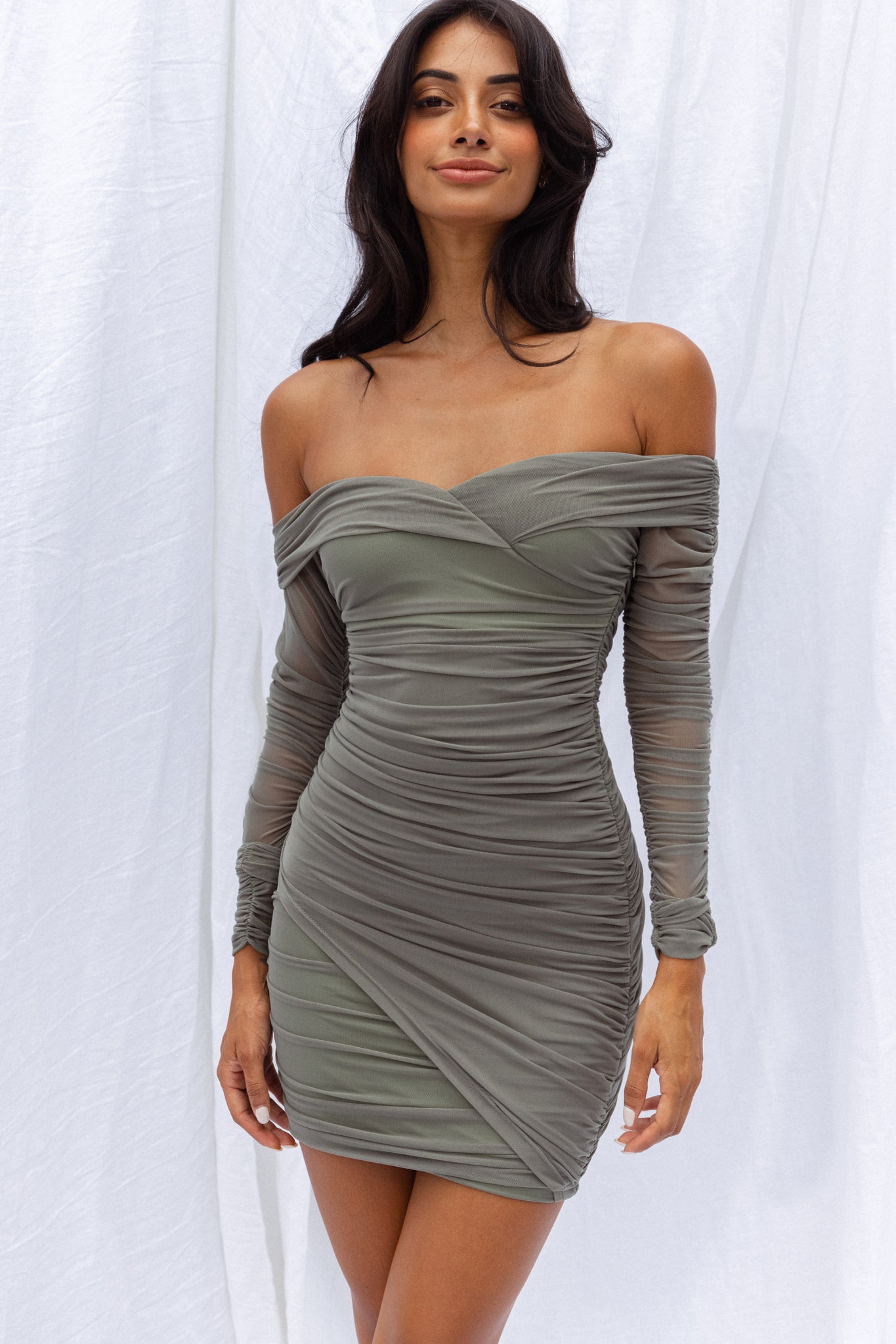 Moonrise Off-Shoulder Crossover Neckline Long Sleeve Ruched Dress Olive by Selfie Leslie