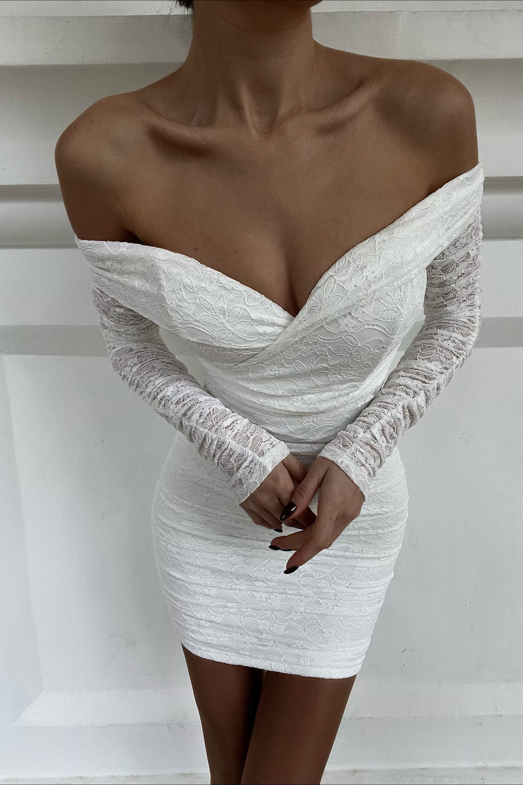 Moonrise Off-Shoulder Long Sleeve Dress Lace White by Selfie Leslie