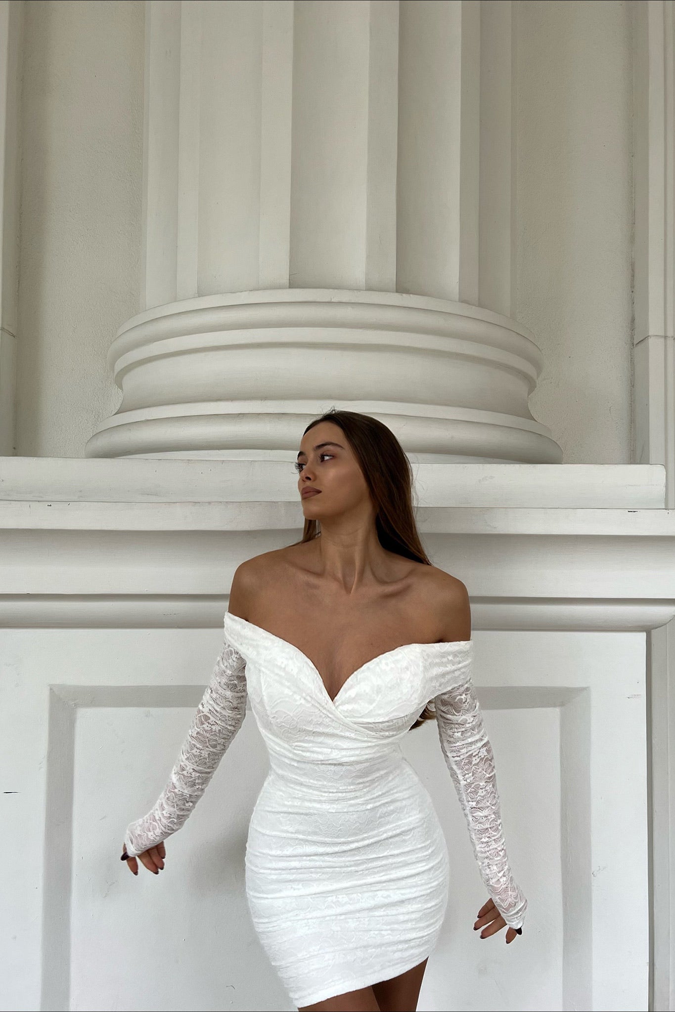 Moonrise Off-Shoulder Long Sleeve Dress Lace White by Selfie Leslie