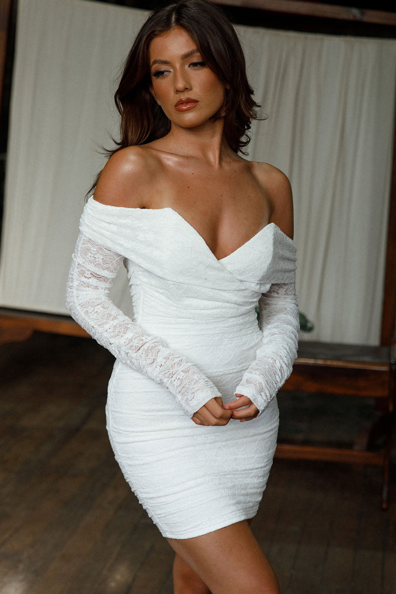 Moonrise Off-Shoulder Long Sleeve Dress Lace White by Selfie Leslie