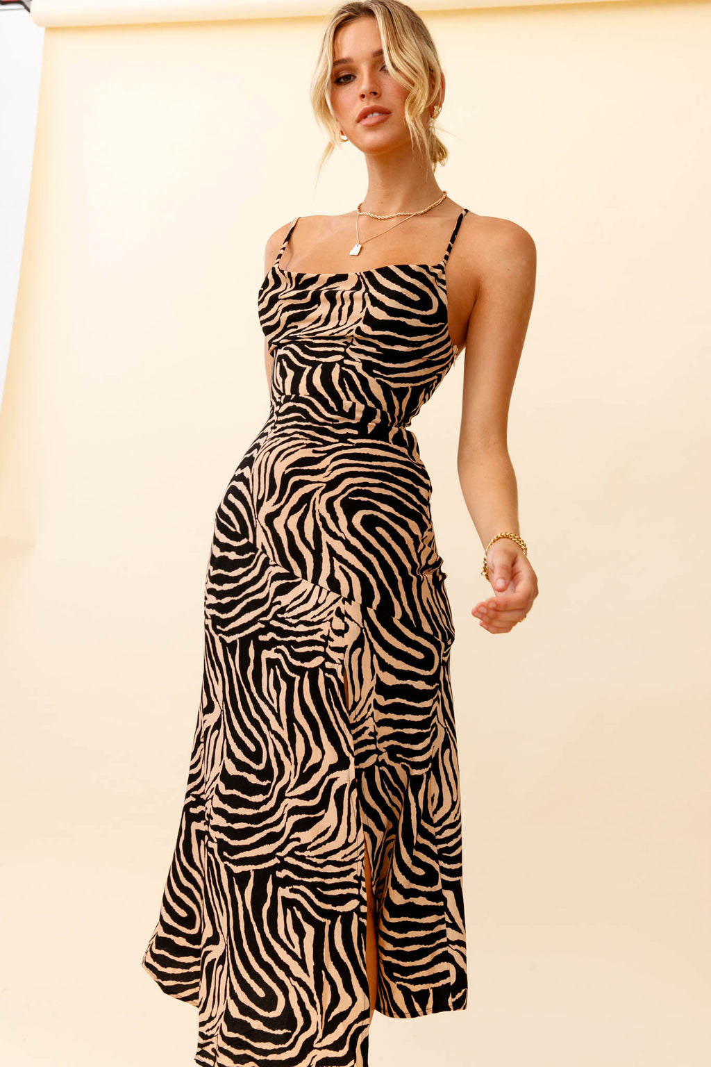 Misty Eyed Cowl Neck Thigh Split Midi Dress Animal Print Mocha by Selfie Leslie