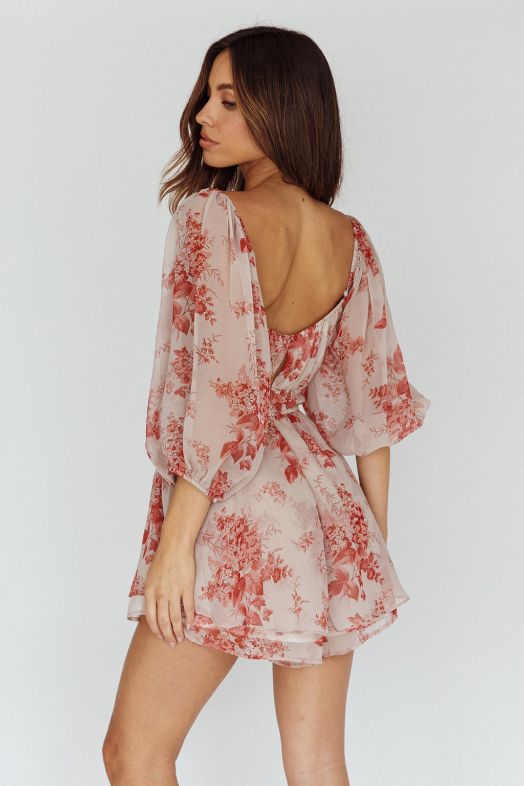 First Light Puff Sleeve Elasticated Waist Romper Floral Print Rose by Selfie Leslie