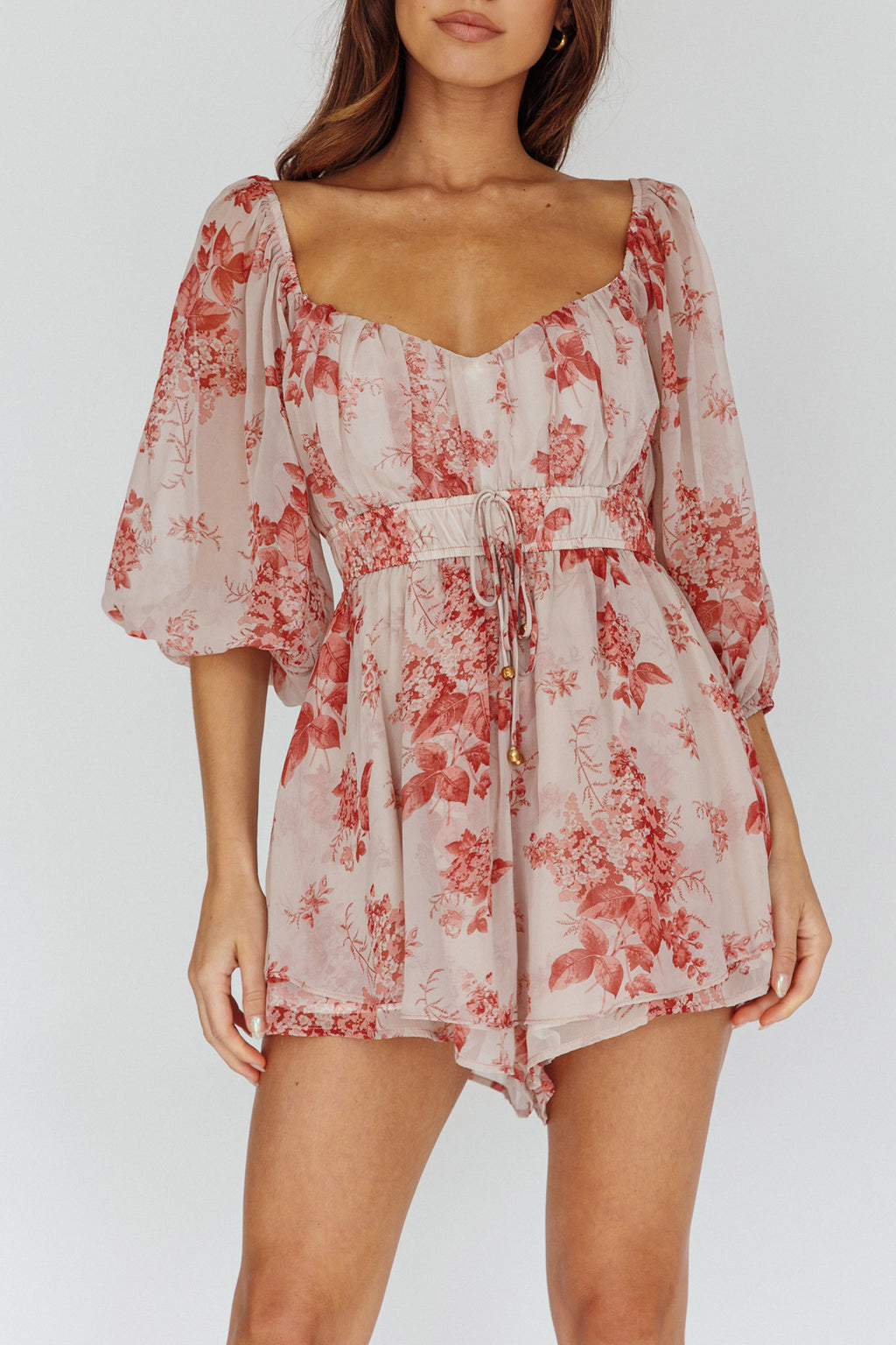 First Light Puff Sleeve Elasticated Waist Romper Floral Print Rose by Selfie Leslie
