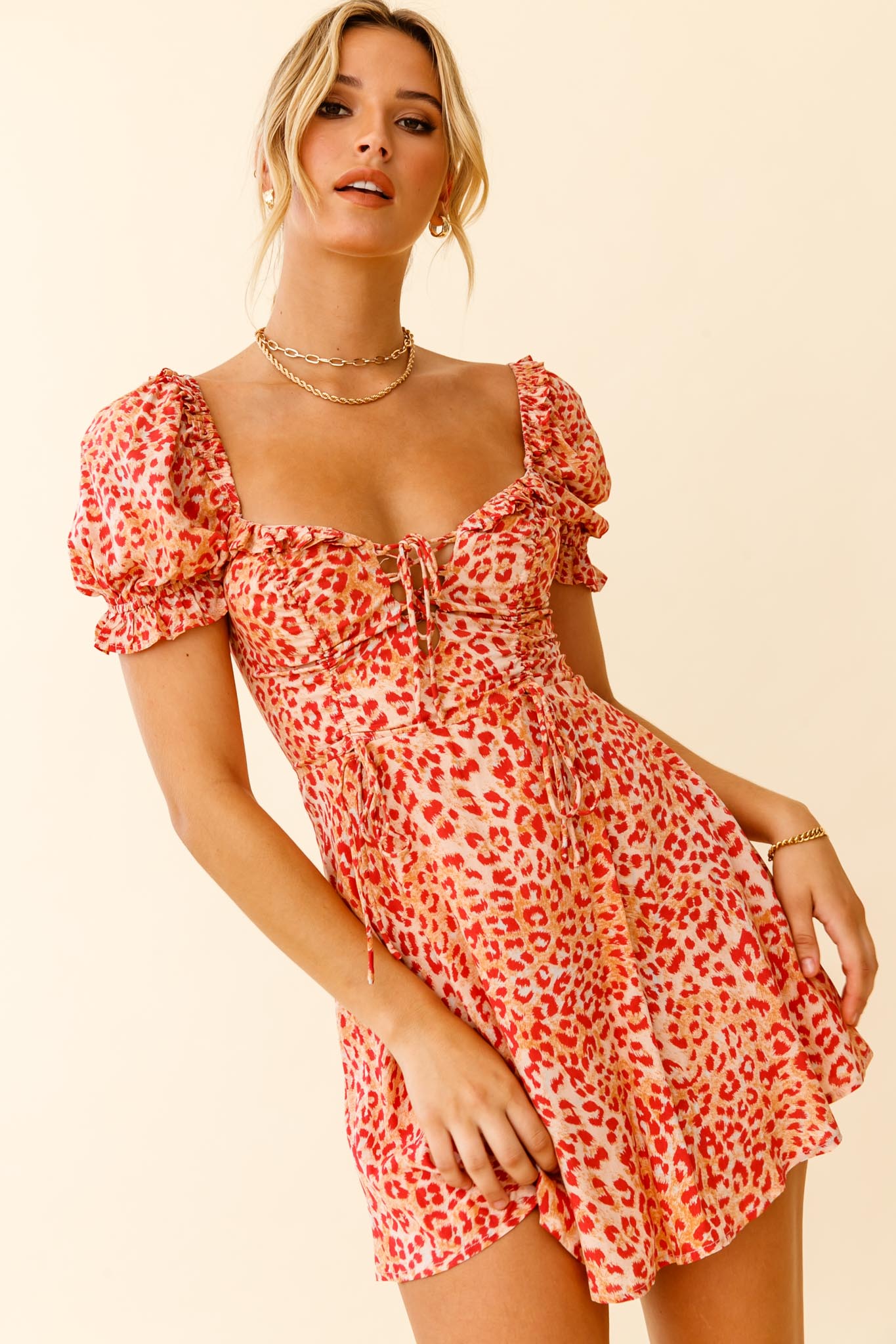 La Quinta Lace-Up Bust Drawstring Detail A-Line Dress Leopard Print Orange by Selfie Leslie