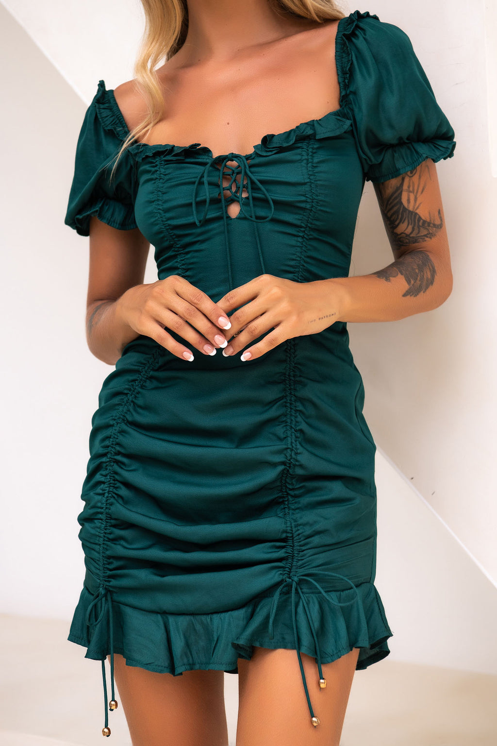 La Quinta Lace-Up Bust Drawstring Detail Dress Forest Green by Selfie Leslie