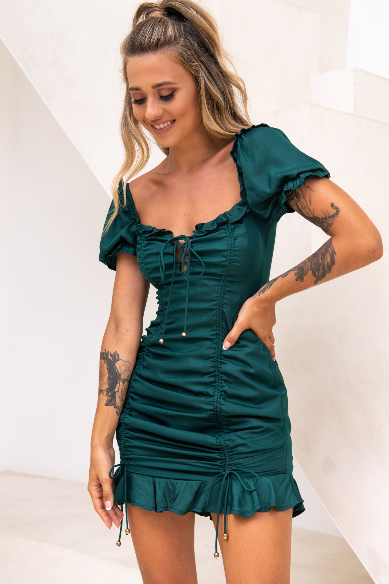La Quinta Lace-Up Bust Drawstring Detail Dress Forest Green by Selfie Leslie