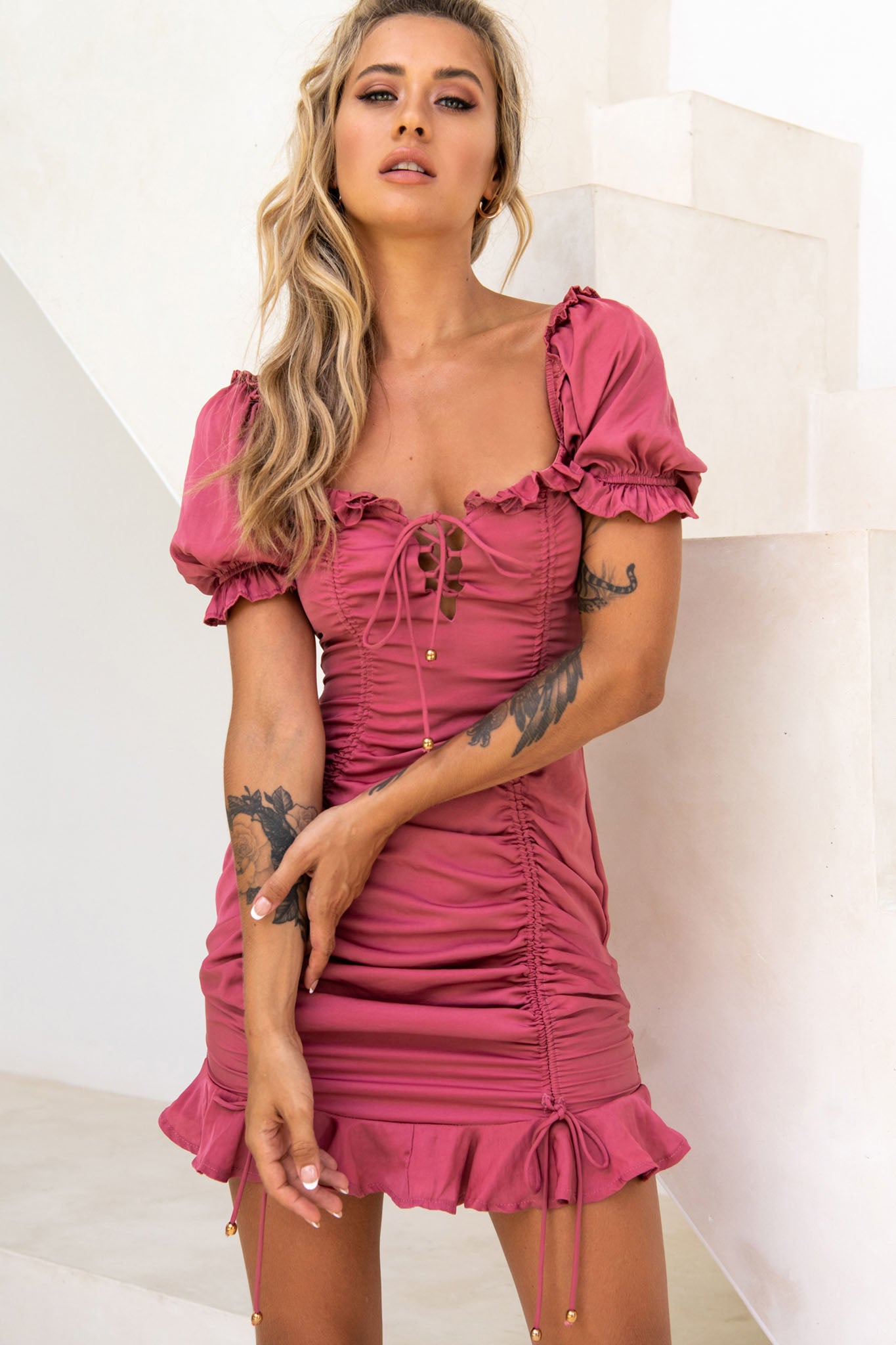 La Quinta Lace-Up Bust Drawstring Detail Dress Rose by Selfie Leslie