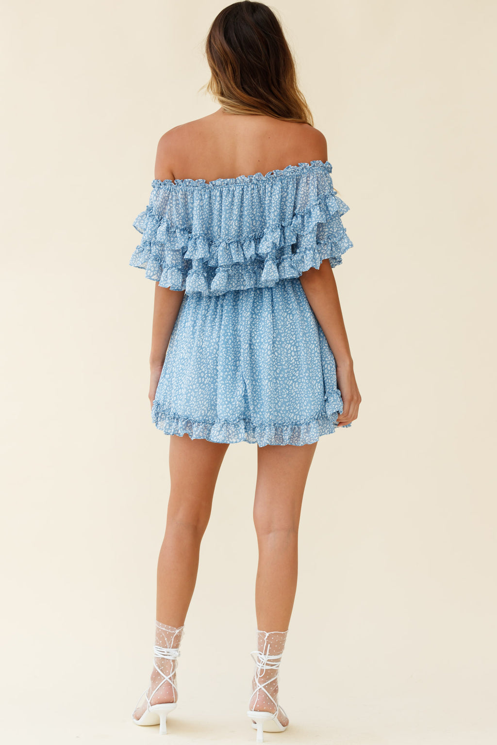Meet Me At Sunset Bardot Neckline Frill Trim Dress Speckle Print Blue by Selfie Leslie