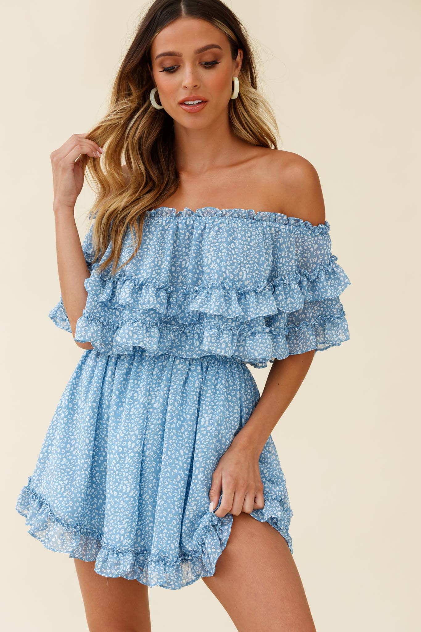 Meet Me At Sunset Bardot Neckline Frill Trim Dress Speckle Print Blue by Selfie Leslie