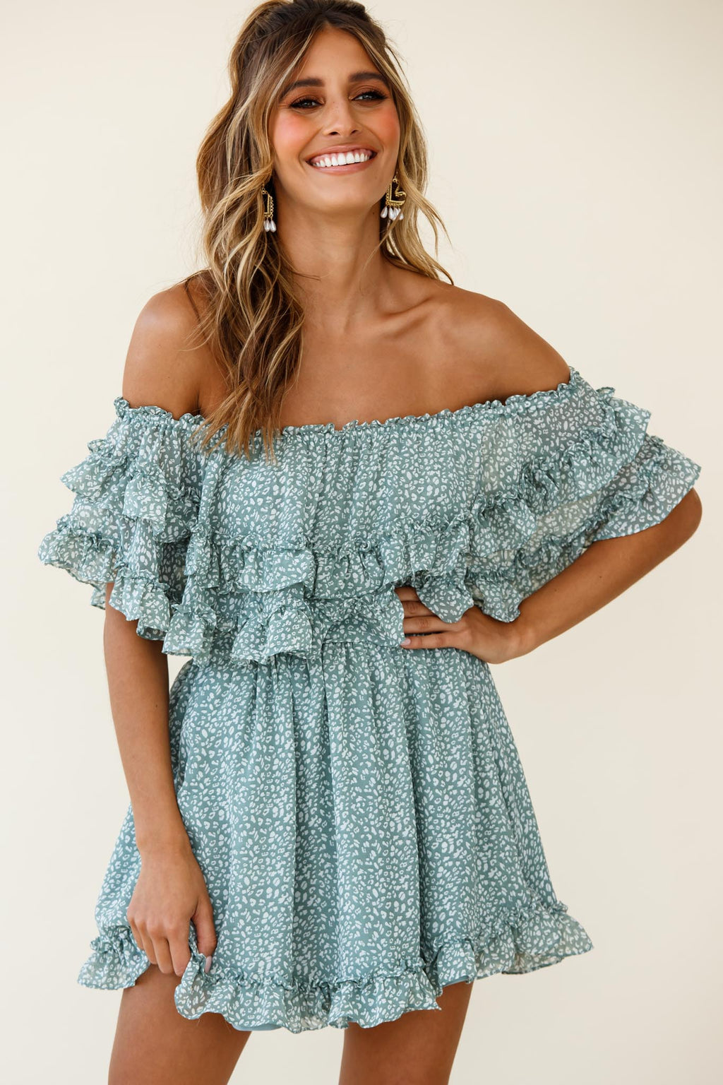 Meet Me At Sunset Bardot Neckline Frill Trim Dress Speckle Print Olive by Selfie Leslie