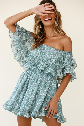 Meet Me At Sunset Bardot Neckline Frill Trim Dress Spotty Steel Blue