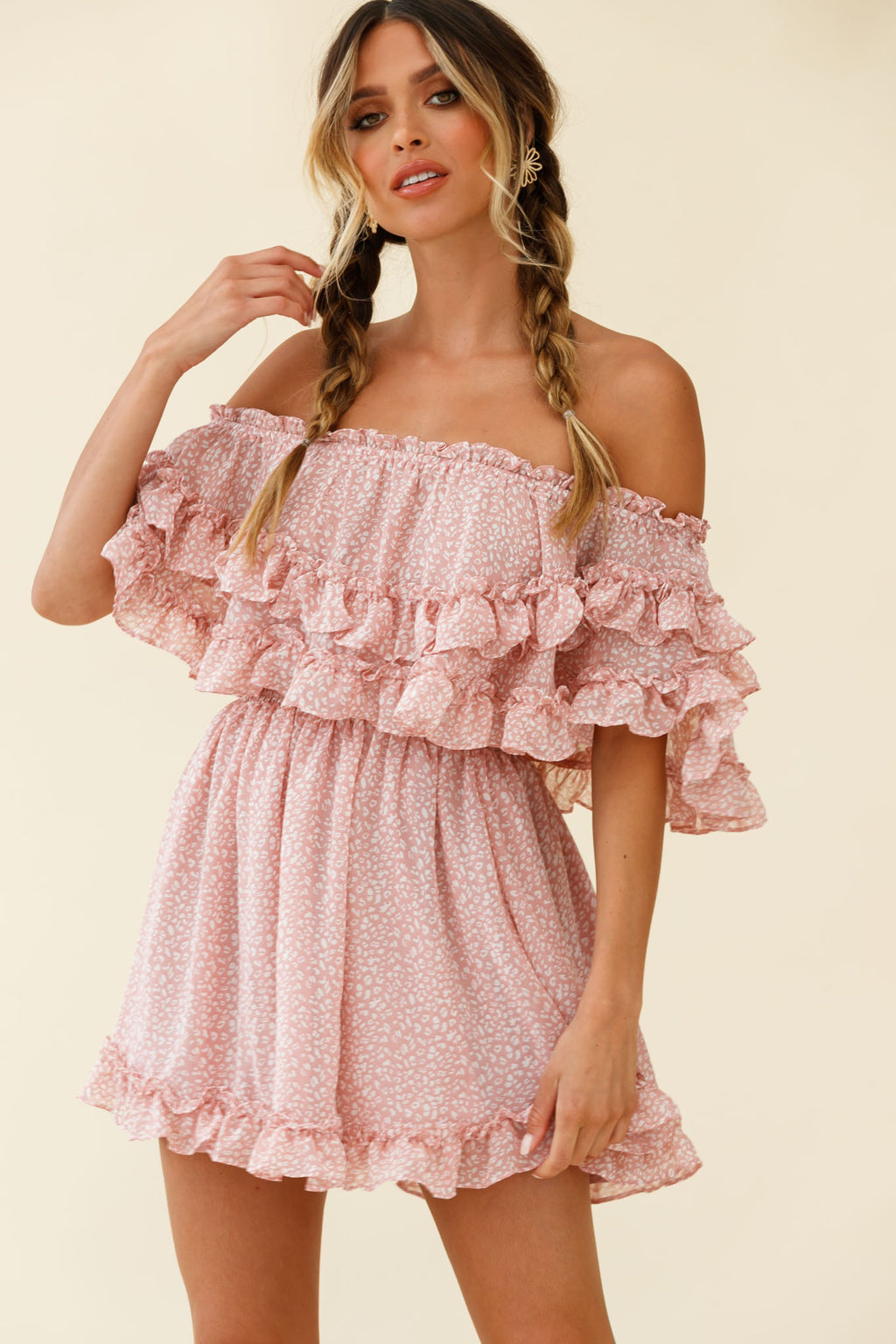 Meet Me At Sunset Bardot Neckline Frill Trim Dress Speckle Print Pink by Selfie Leslie