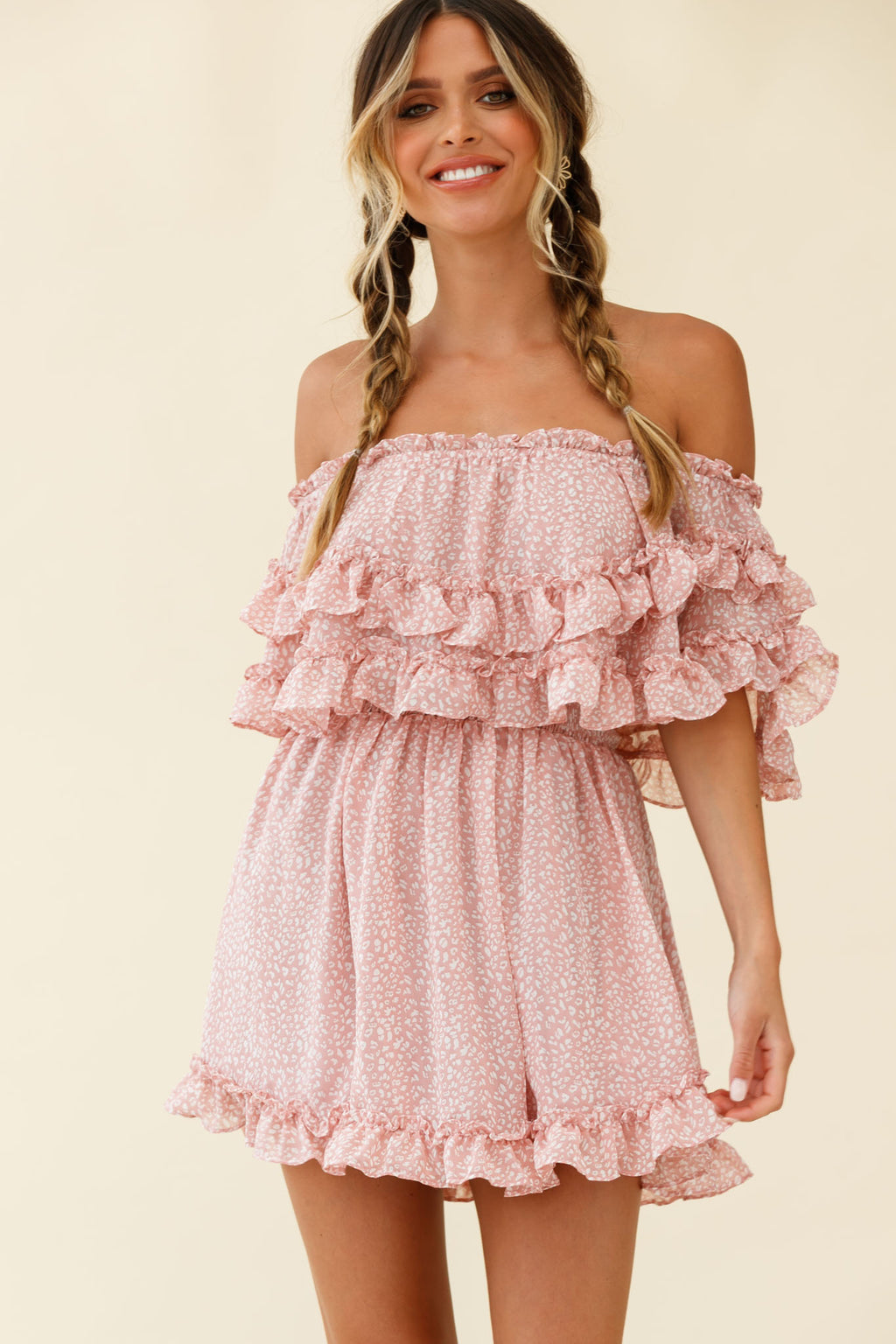 Meet Me At Sunset Bardot Neckline Frill Trim Dress Speckle Print Pink by Selfie Leslie