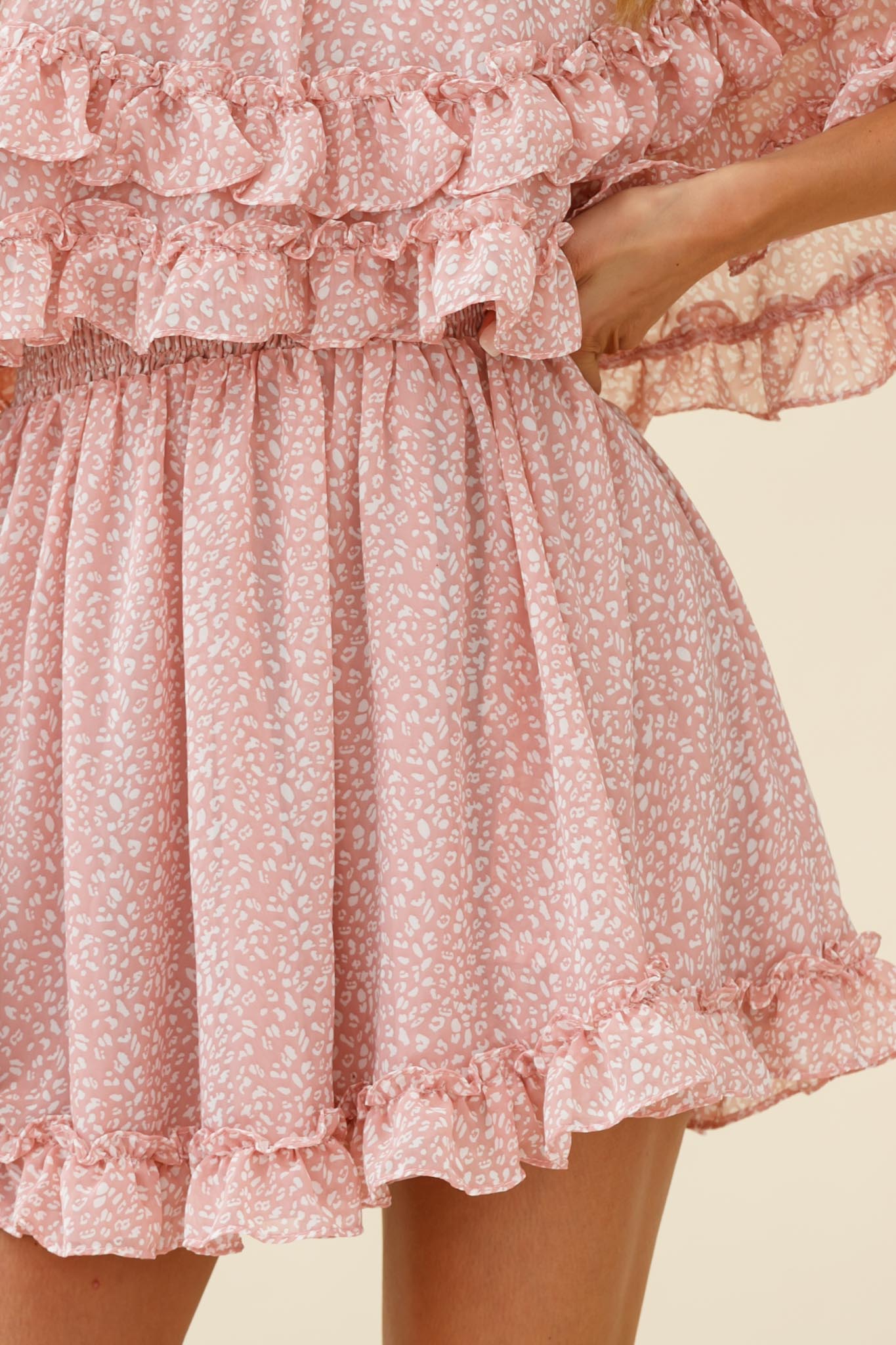 Meet Me At Sunset Bardot Neckline Frill Trim Dress Speckle Print Pink by Selfie Leslie